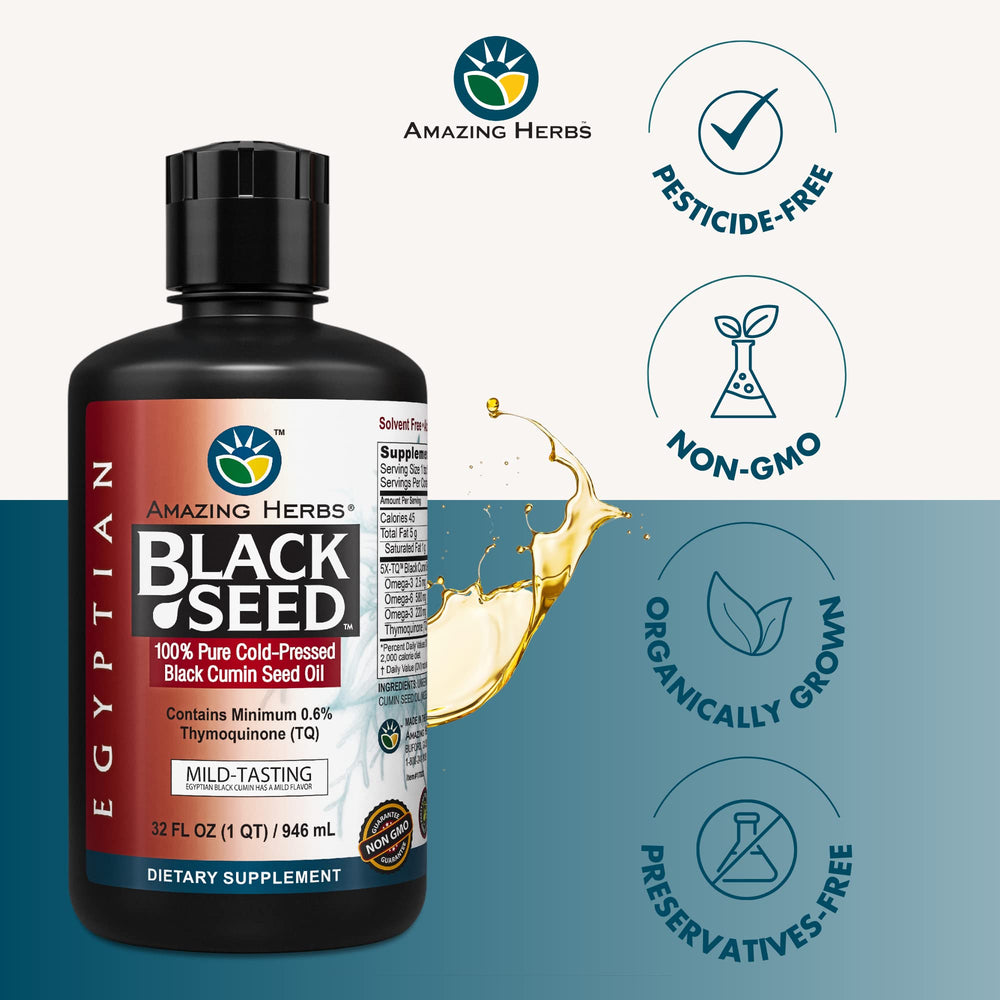 Amazing Herbs Egyptian Black Seed Oil label closeup confirms organic, gluten-free, and non-GMO.