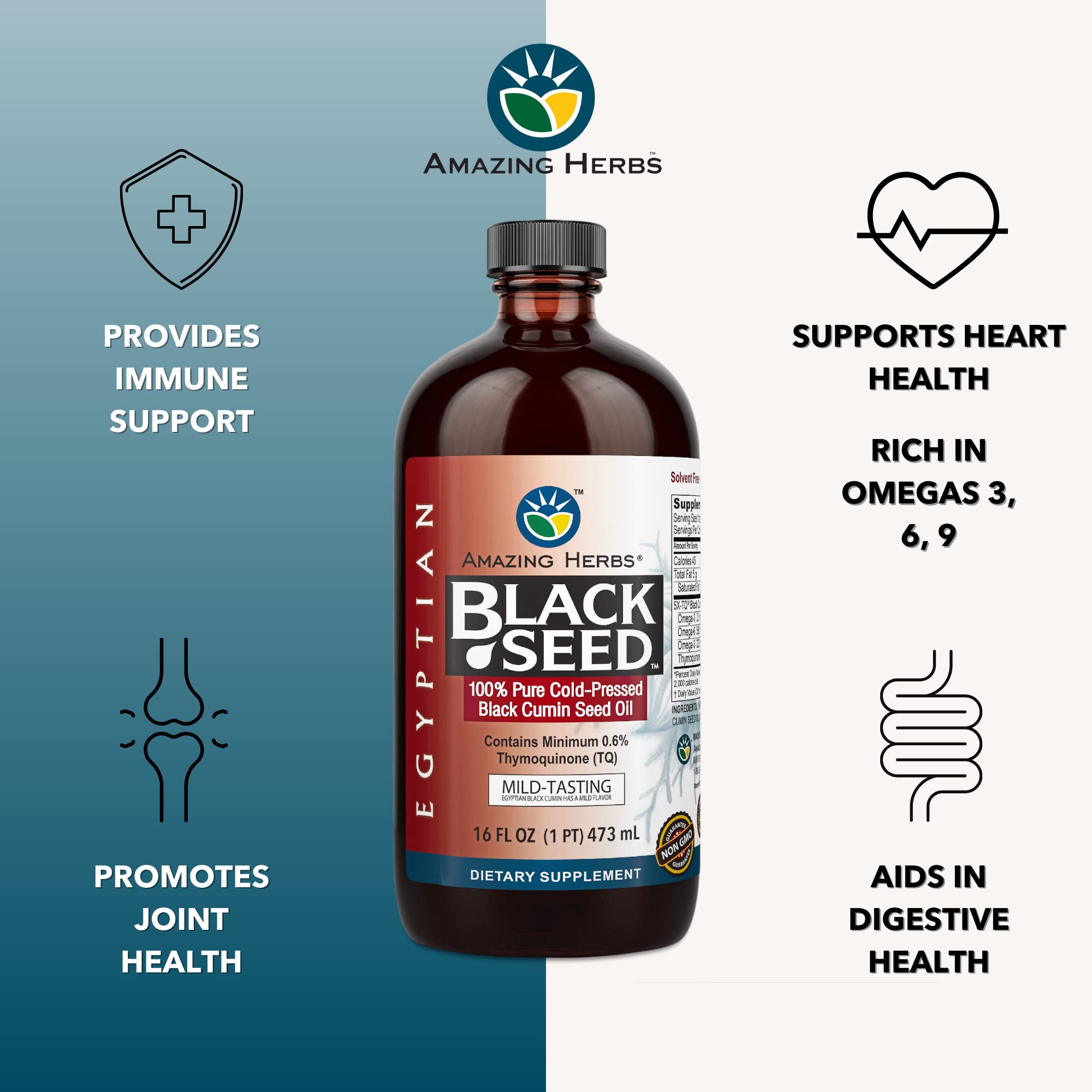 Amazing Herbs Egyptian Black Seed Oil label front showing organic quality.