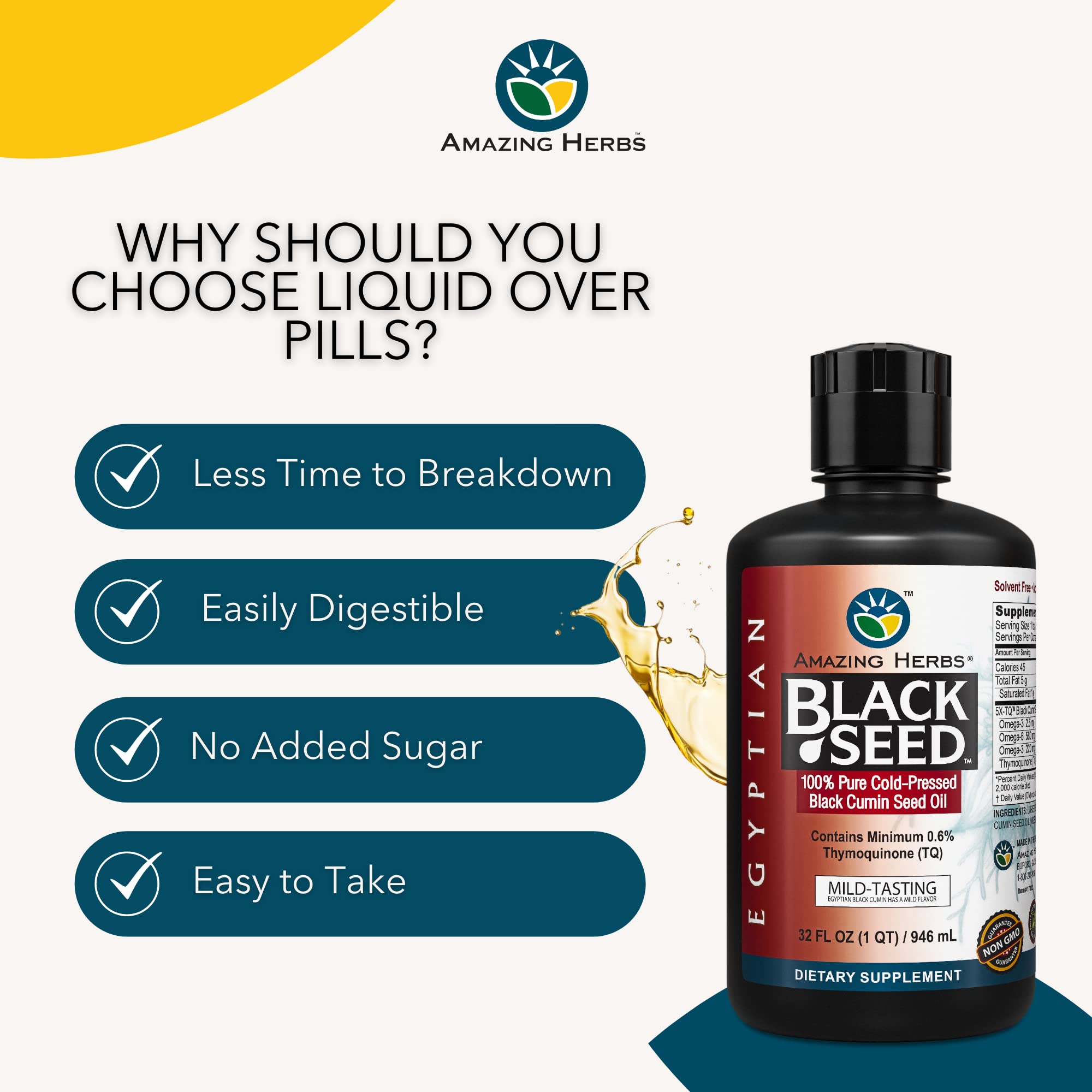Nutrition facts highlight EFAs and phytochemicals in Amazing Herbs oil.