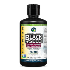 Amazing Herbs Premium Black Seed Oil bottle on shelf, cold-pressed for daily wellness.