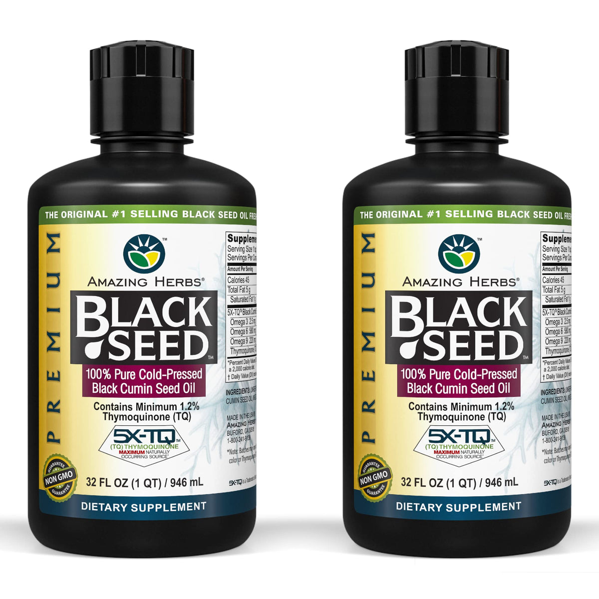 Amazing Herbs Premium Black Seed Oil bottle showing 32 oz size for daily supplementation.