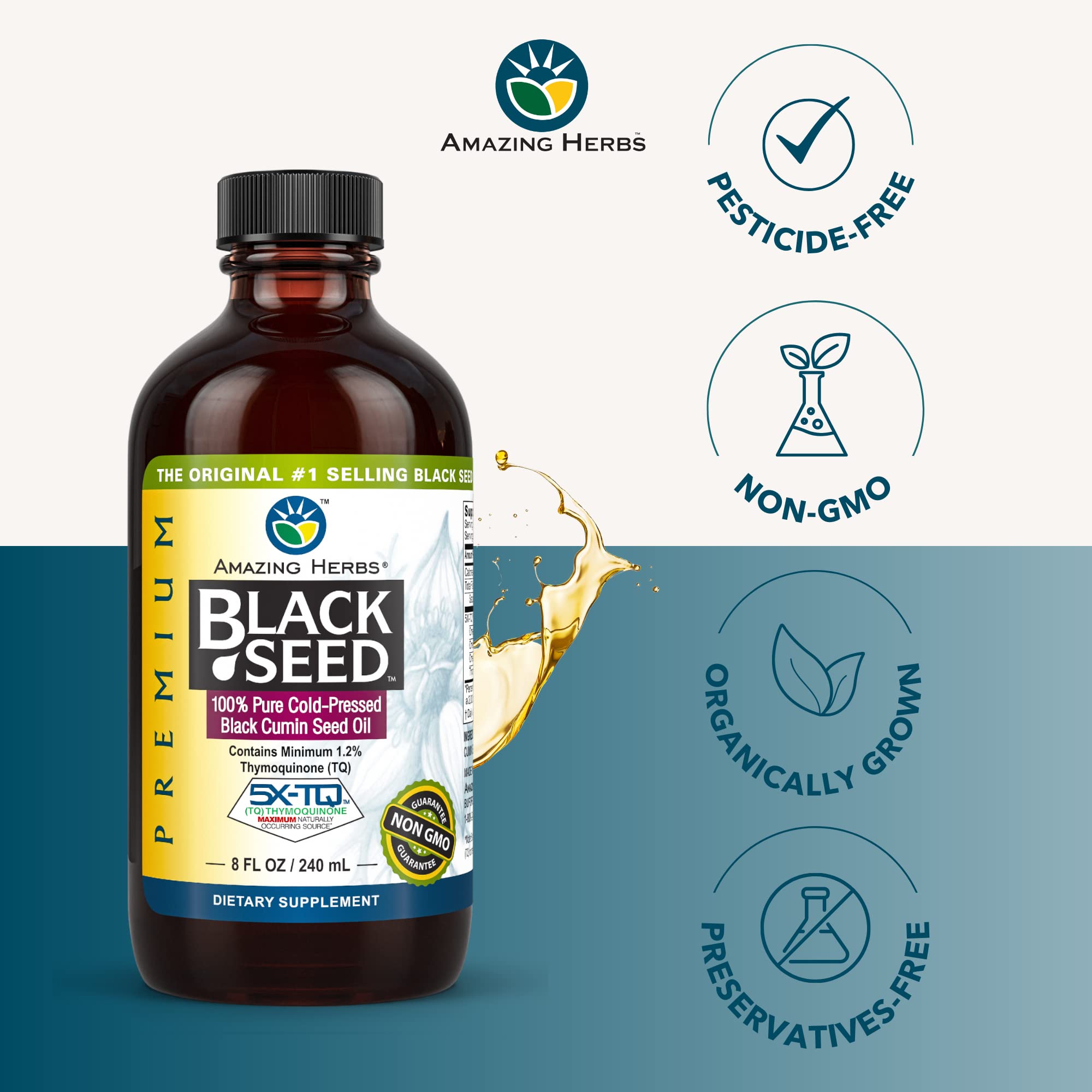 Amazing Herbs Black Seed Oil cap close-up emphasizing quality and purity.