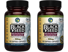 Amazing Herbs Premium Black Seed Oil Capsules bottle front highlighting daily dosage and potential benefits