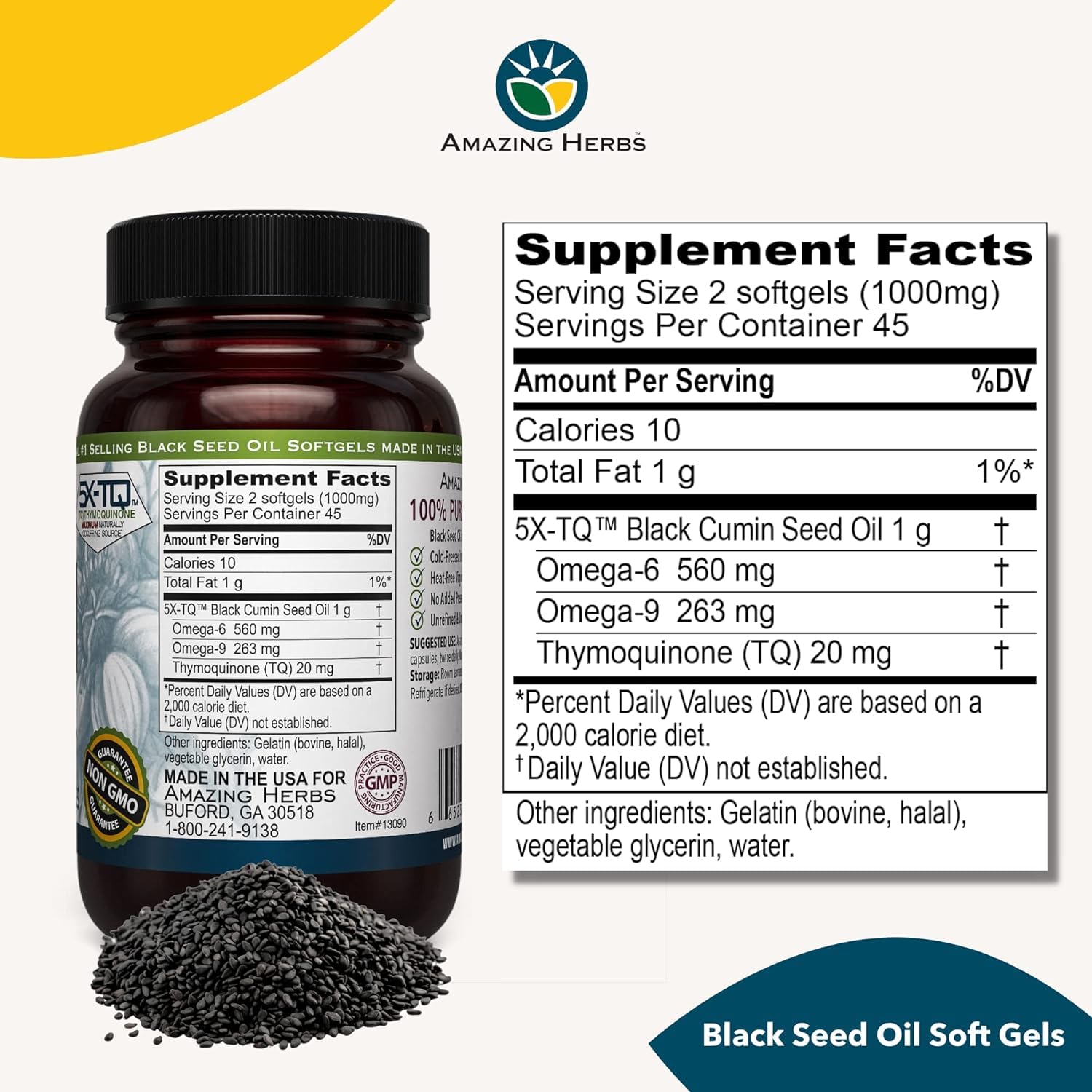 Amazing Herbs Premium Black Seed Oil Capsules label closeup showing gluten-free and non-GMO quality