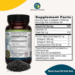 Amazing Herbs Premium Black Seed Oil Capsules label closeup showing gluten-free and non-GMO quality