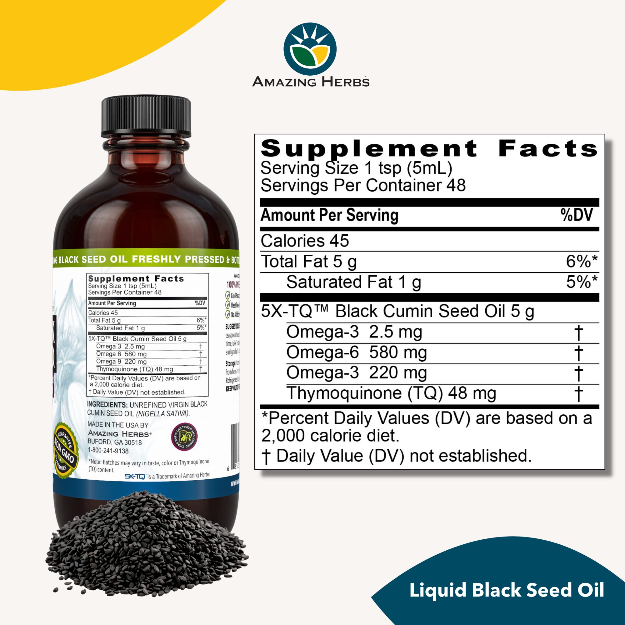 Amazing Herbs Black Seed Oil key ingredients close-up highlighting omega fatty acids.