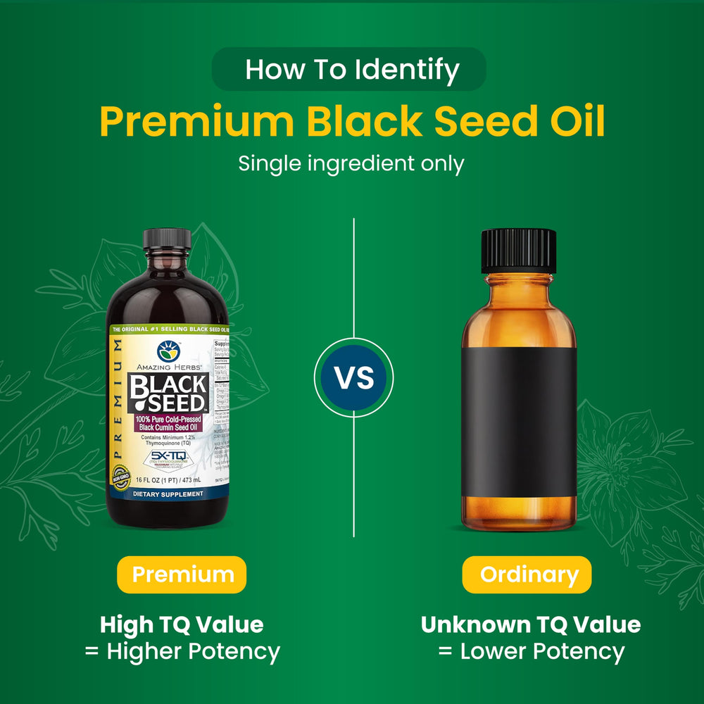 Amazing Herbs Premium Black Seed Oil label close-up highlights purity.