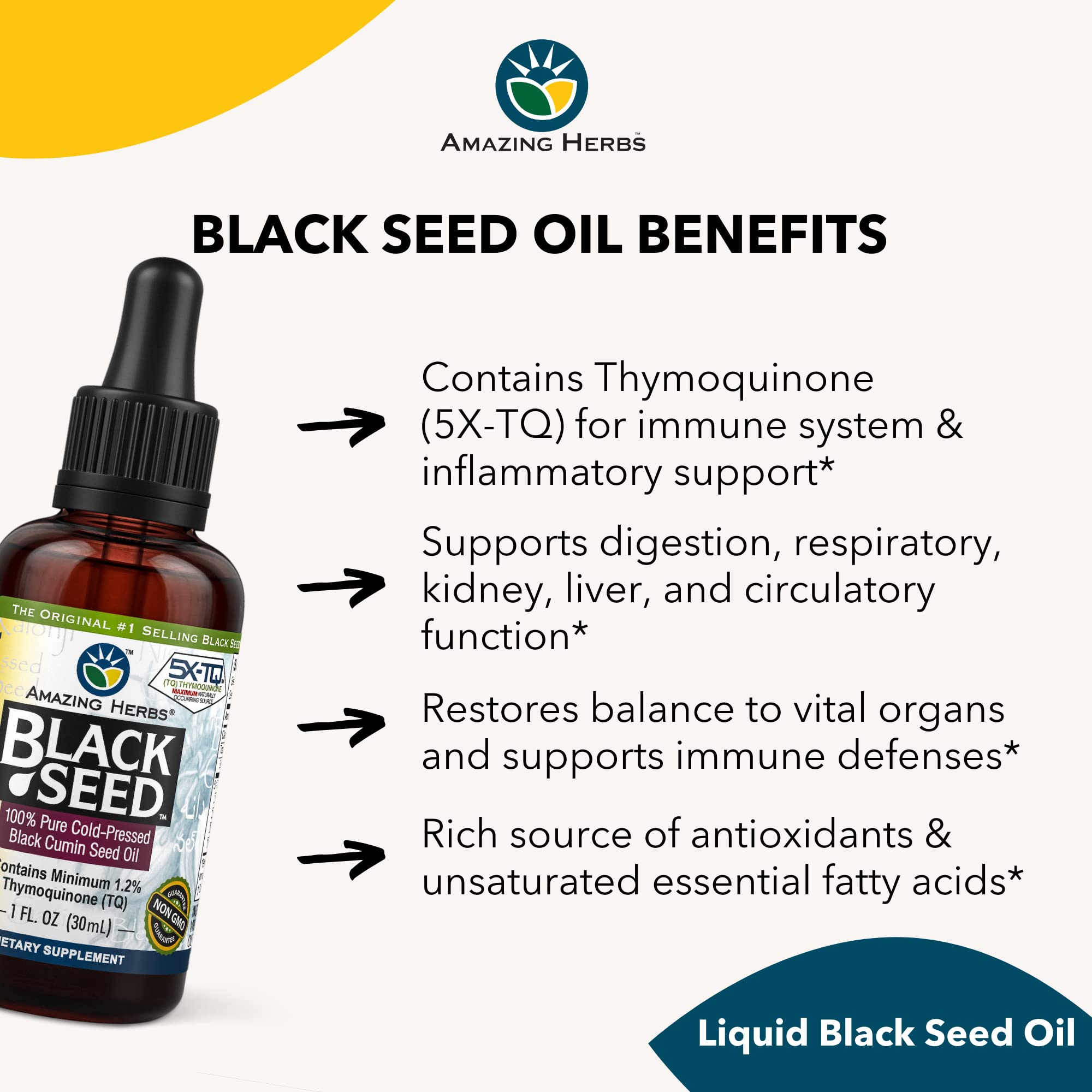 Amazing Herbs Premium Black Seed Oil nutrition label emphasizes organic, pesticide-free ingredients