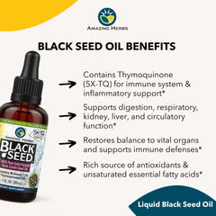 Amazing Herbs Premium Black Seed Oil nutrition label emphasizes organic, pesticide-free ingredients