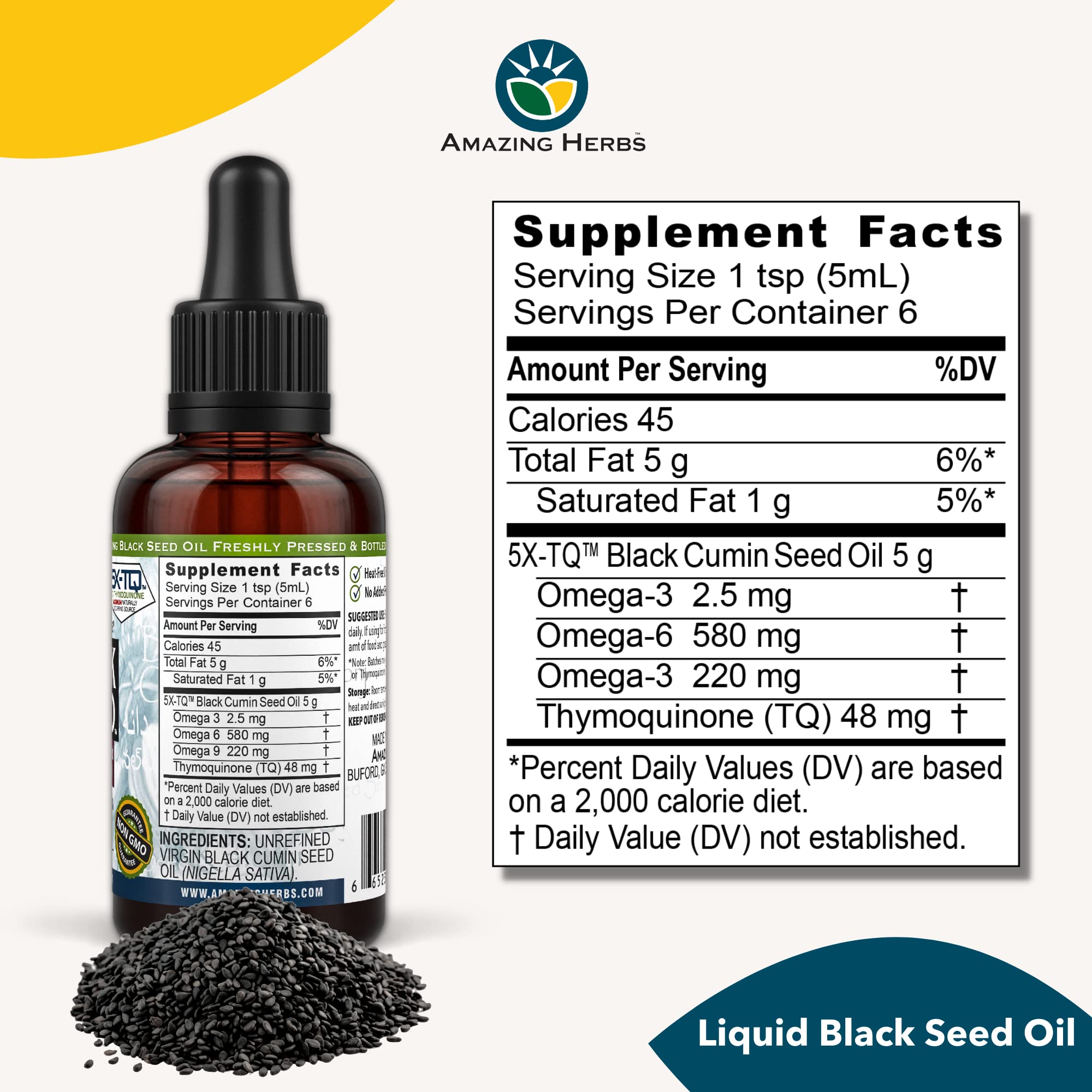 Amazing Herbs Premium Black Seed Oil packaging reinforces gluten-free, non-GMO credentials