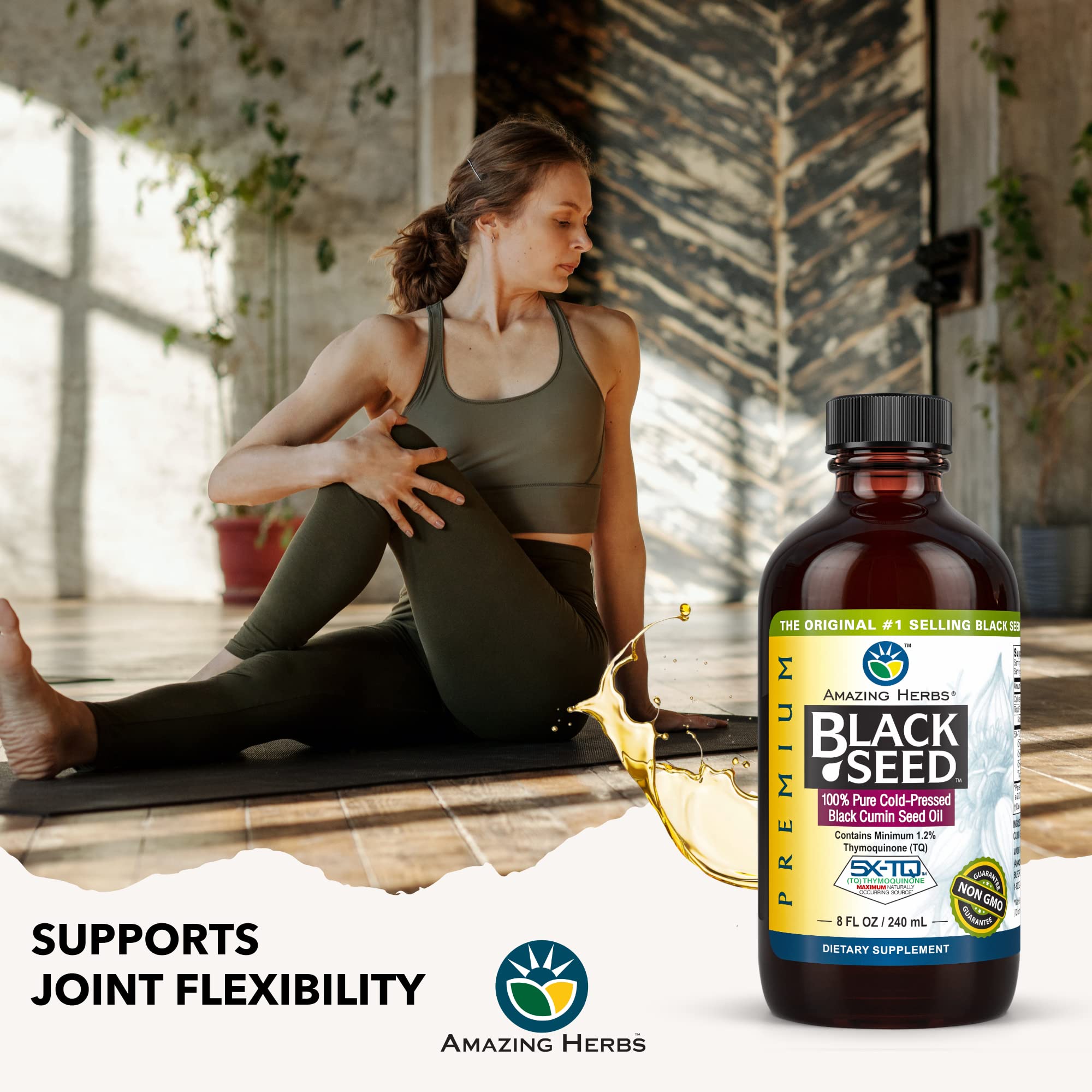 Amazing Herbs Premium Black Seed Oil pour close-up suggesting easy daily dosage.