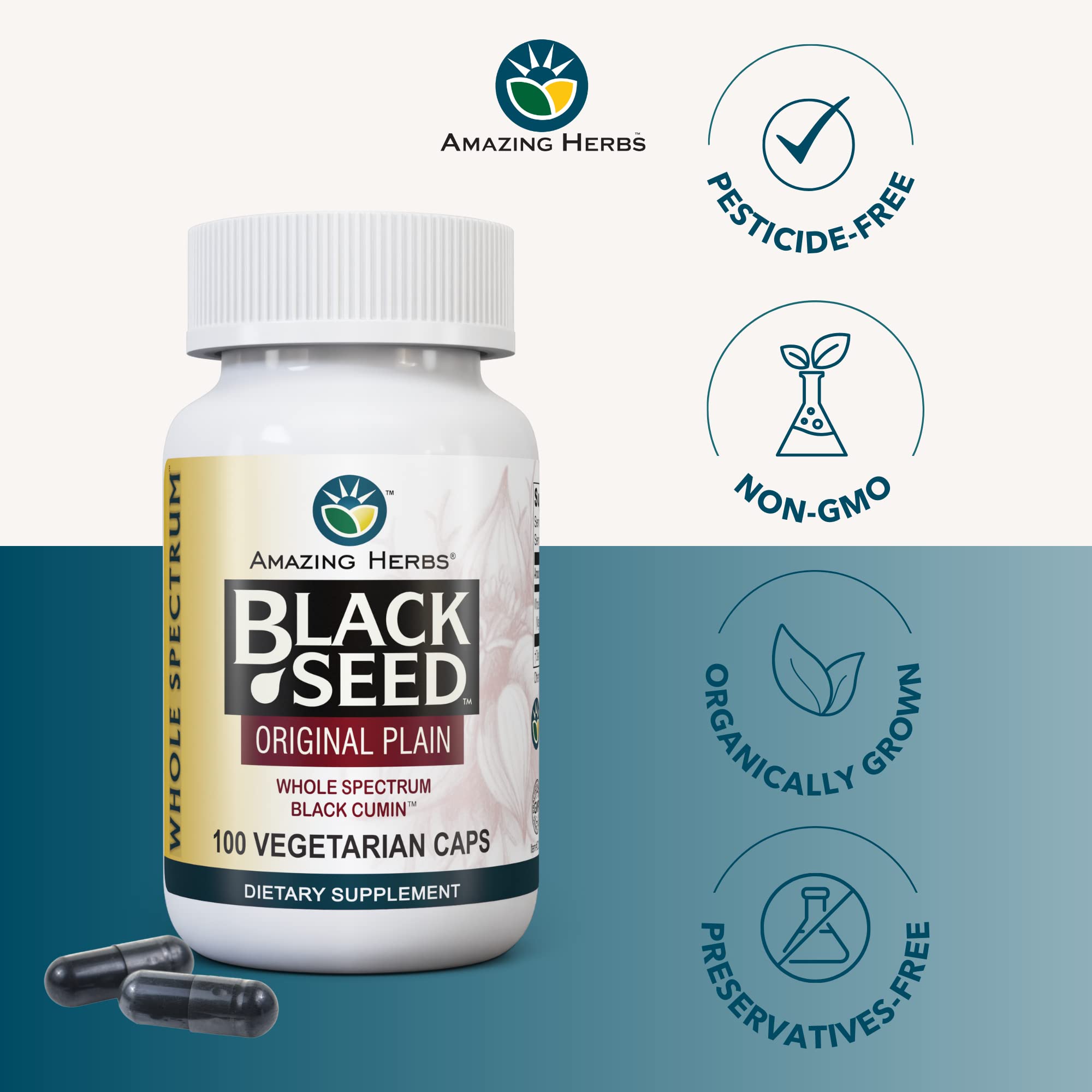 Amazing Herbs Whole Spectrum Black Seed packaging shows gluten-free vegan capsules.