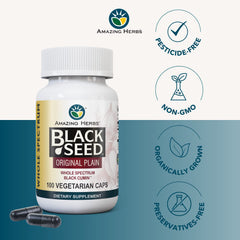 Amazing Herbs Whole Spectrum Black Seed packaging shows gluten-free vegan capsules.