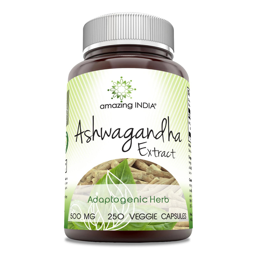 Amazing India Ashwagandha extract 500 mg bottle shows quality and convenient daily use.