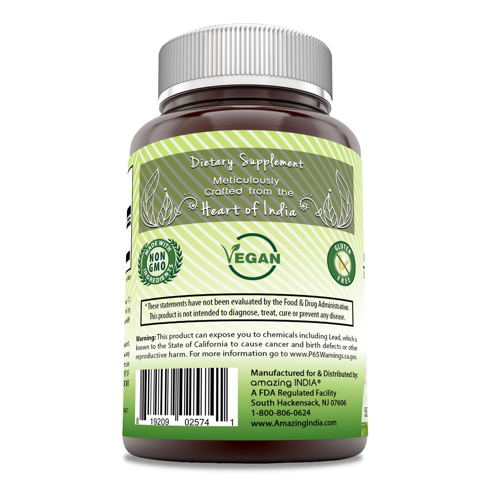 Amazing India Ashwagandha packaging box displays Non-GMO gluten-free label and third-party testing.