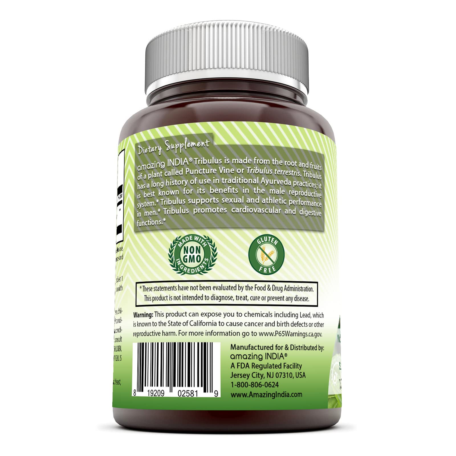 Amazing India Tribulus extract label highlights non-GMO and 45% saponins for potency