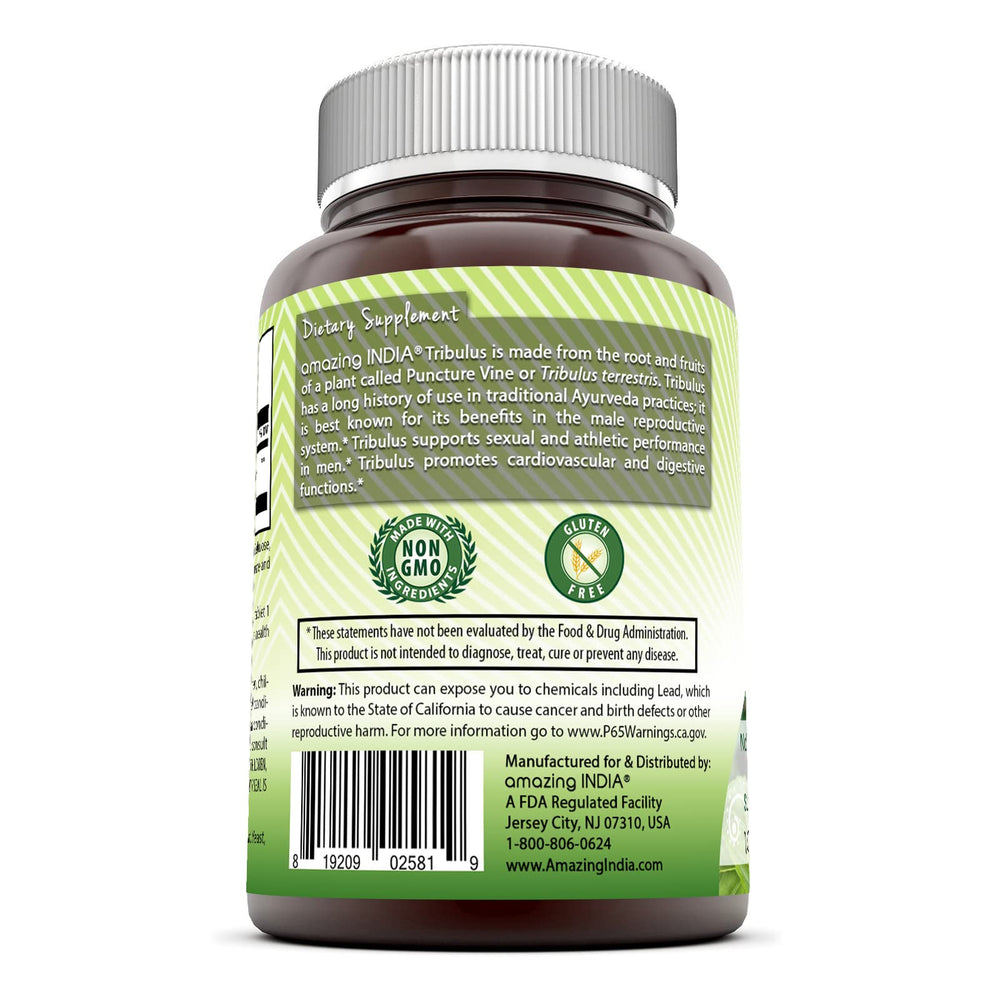Amazing India Tribulus extract label highlights non-GMO and 45% saponins for potency
