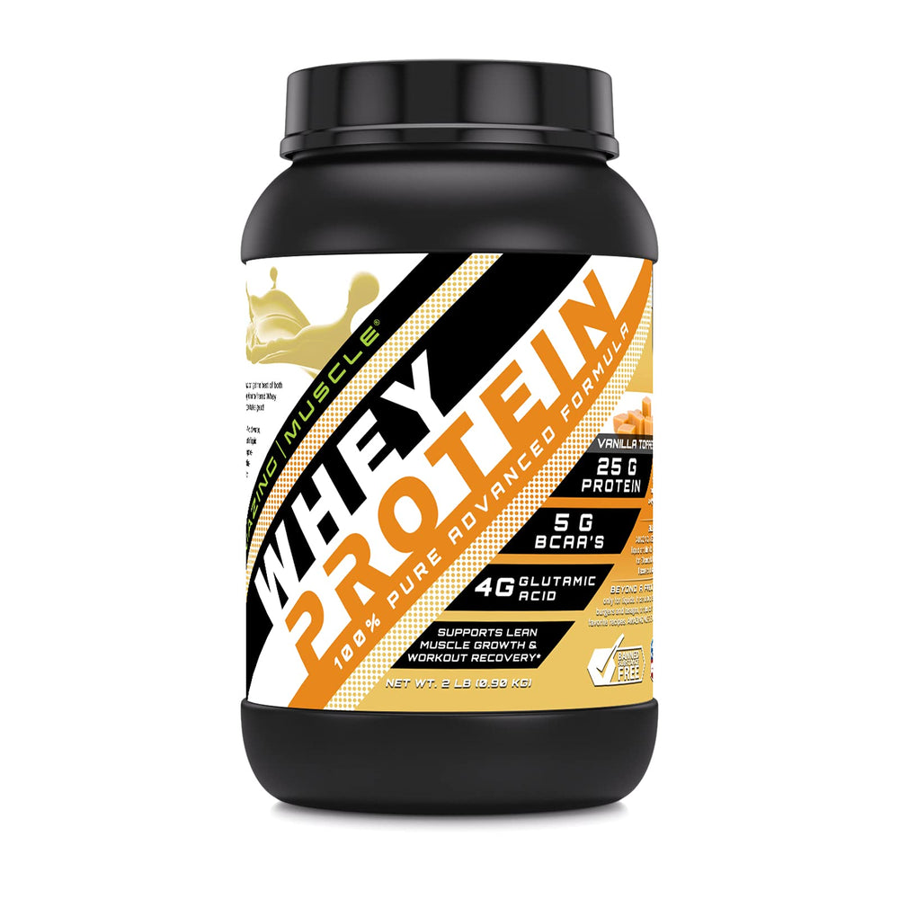 Amazing Muscle 100% whey protein Vanilla Toffee bottle for a smooth post-workout shake.