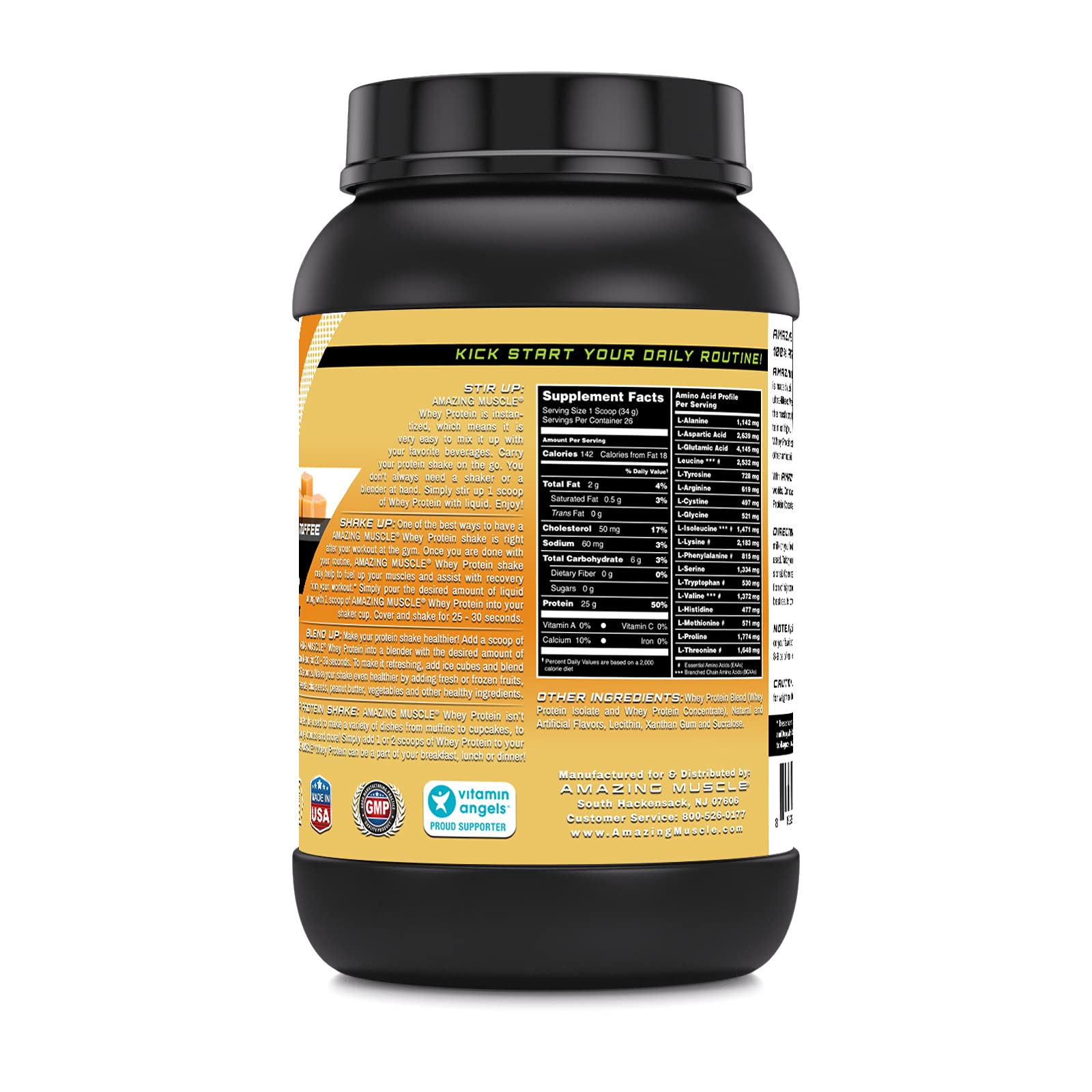 Amazing Muscle Vanilla Toffee whey protein shaker mixes easily for quick protein.
