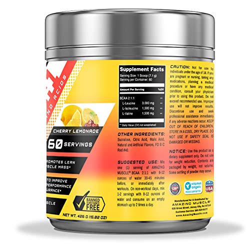 Amazing Muscle BCAA nutrition label close-up showing 2:1:1 ratio and 60 servings.