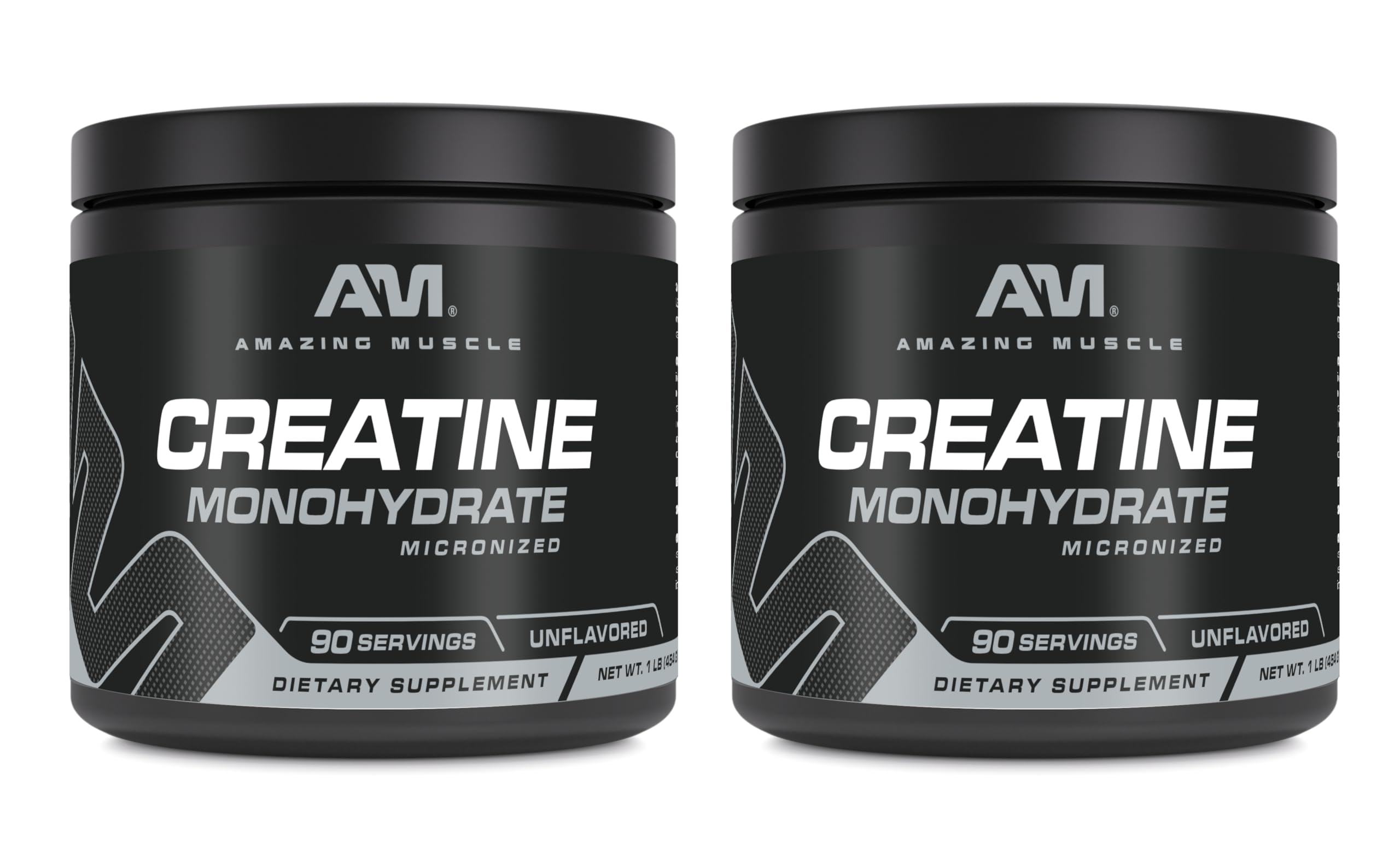 Amazing Muscle creatine monohydrate bottle showing unflavored powder ready to mix.