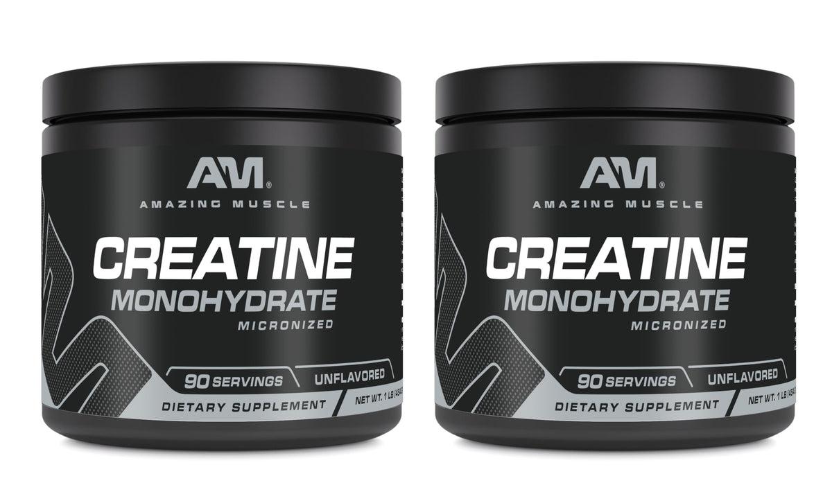 Amazing Muscle creatine monohydrate bottle showing unflavored powder ready to mix.