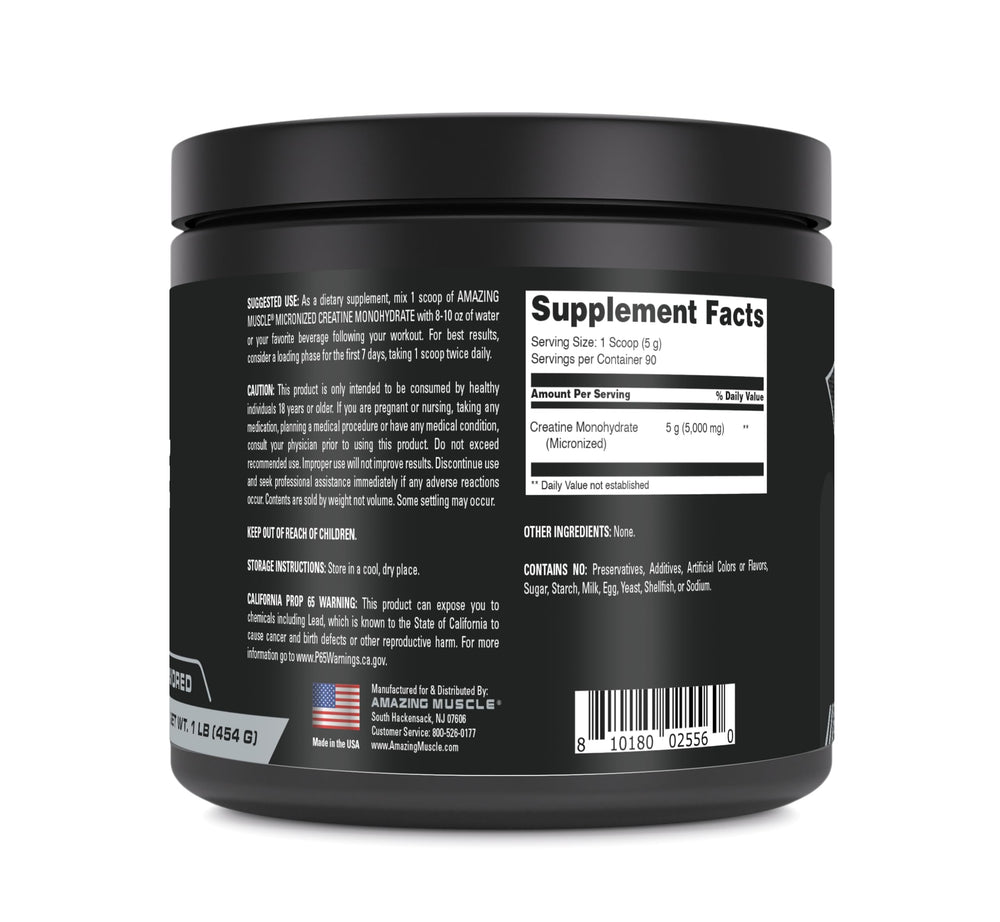 Amazing Muscle creatine monohydrate scoop highlighting precise 5000 mg serving.