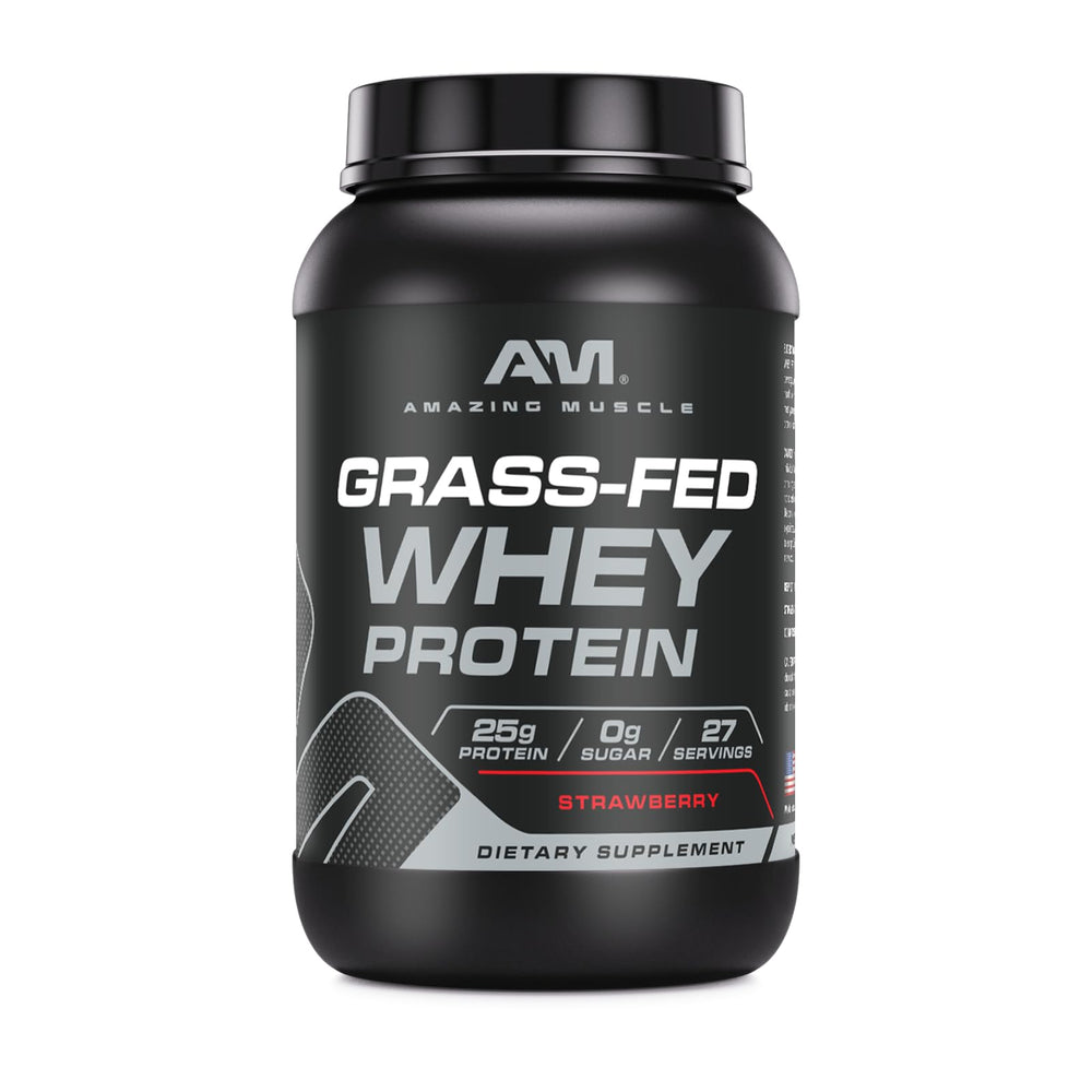 Amazing Muscle grass-fed whey protein powder tub for high-protein fueling.