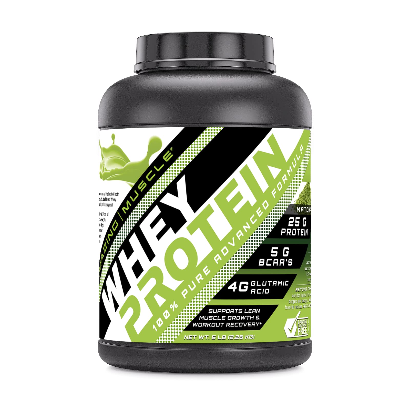 Amazing Muscle 5lb whey protein bottle labeled Japanese Matcha for post-workout recovery