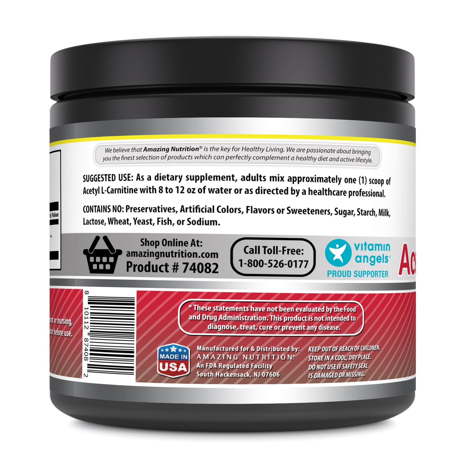 Amazing Nutrition Acetyl L-Carnitine bottle label shows non-GMO and gluten-free, ideal for sensitive diets.