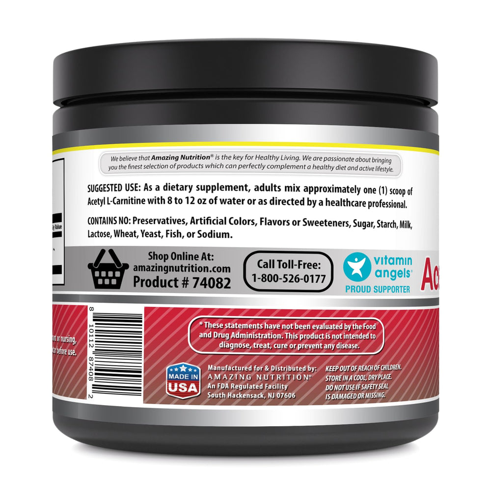 Amazing Nutrition Acetyl L-Carnitine bottle label shows non-GMO and gluten-free, ideal for sensitive diets.