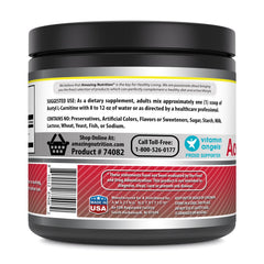 Amazing Nutrition Acetyl L-Carnitine bottle label shows non-GMO and gluten-free, ideal for sensitive diets.