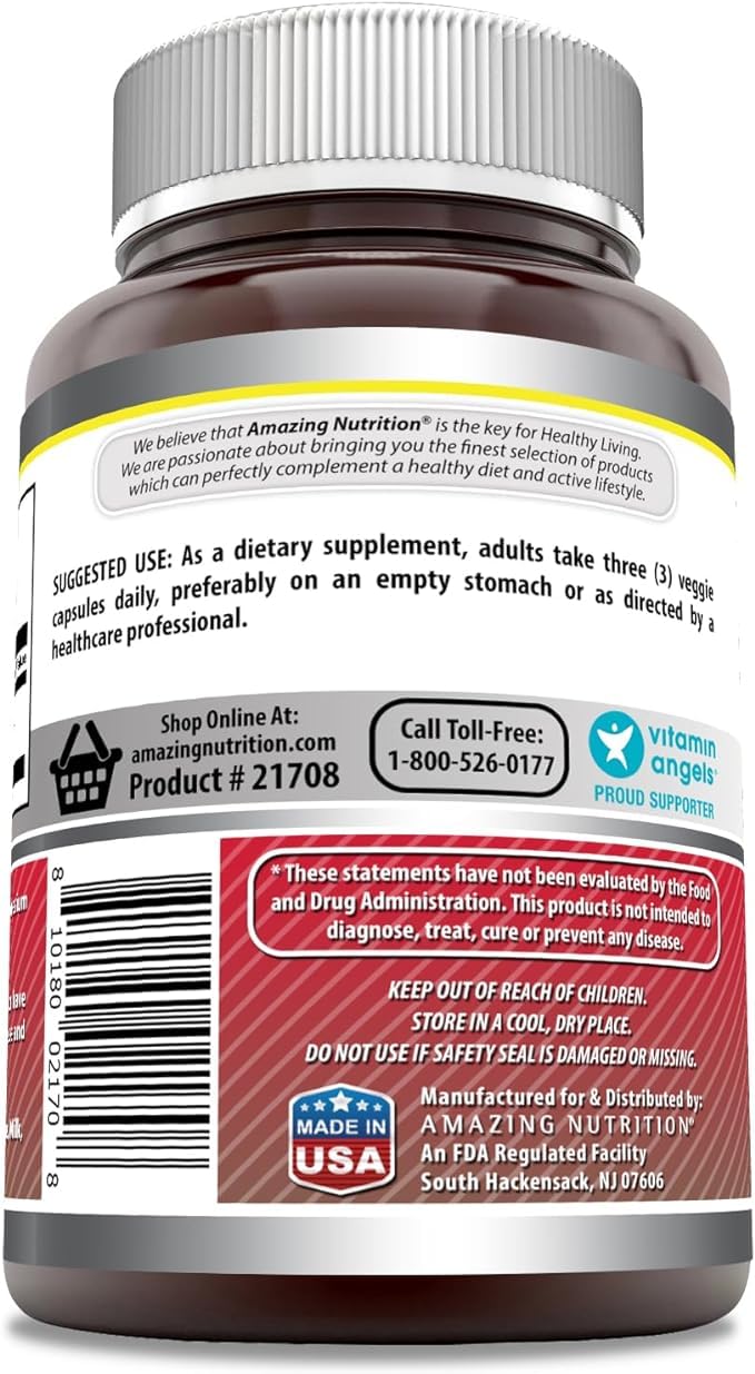 Amazing Nutrition Acetyl L-Carnitine HCl 1500 mg capsules close-up for convenient vegetarian intake.
