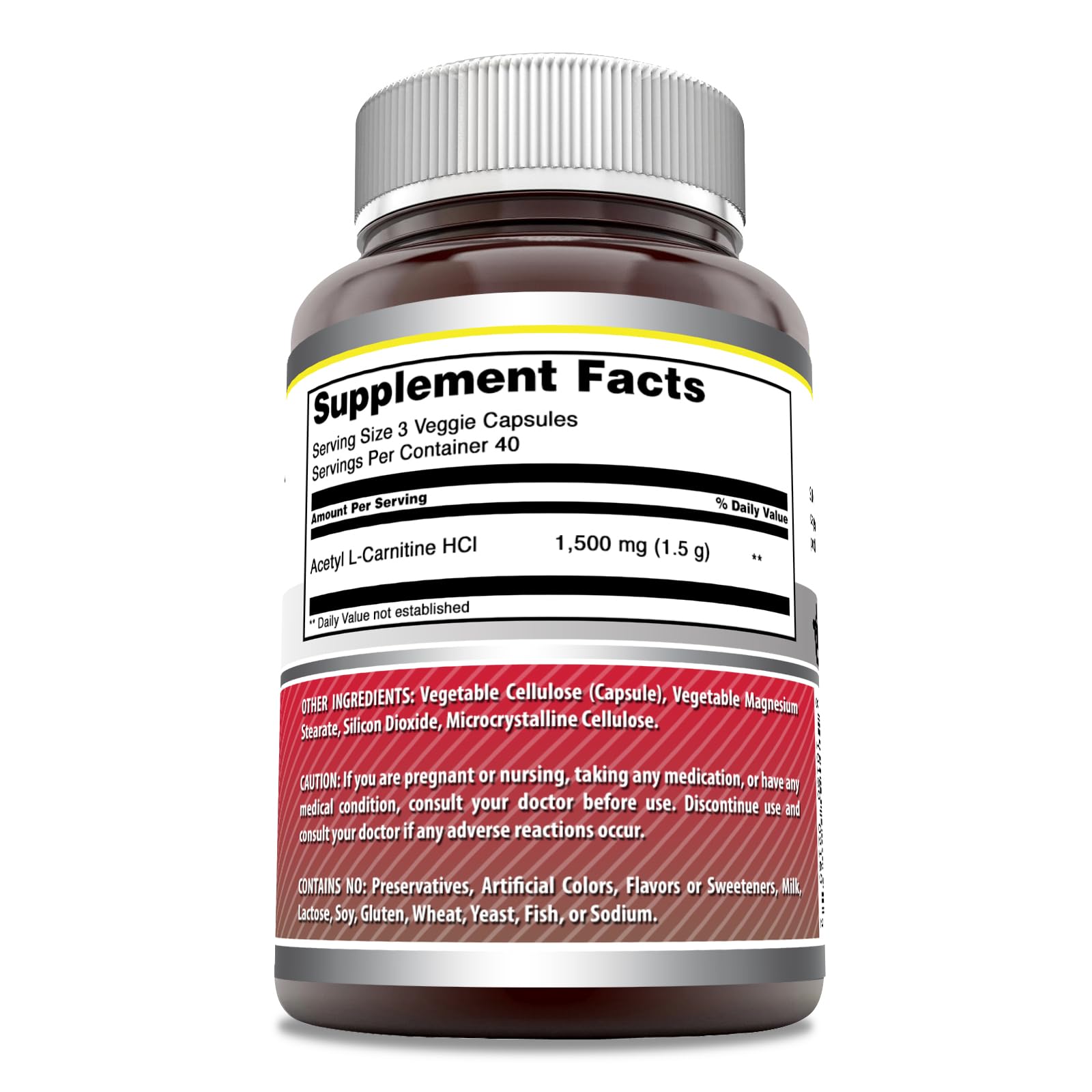 Amazing Nutrition Acetyl L-Carnitine HCl 1500 mg pack showing non-GMO and gluten-free attributes.