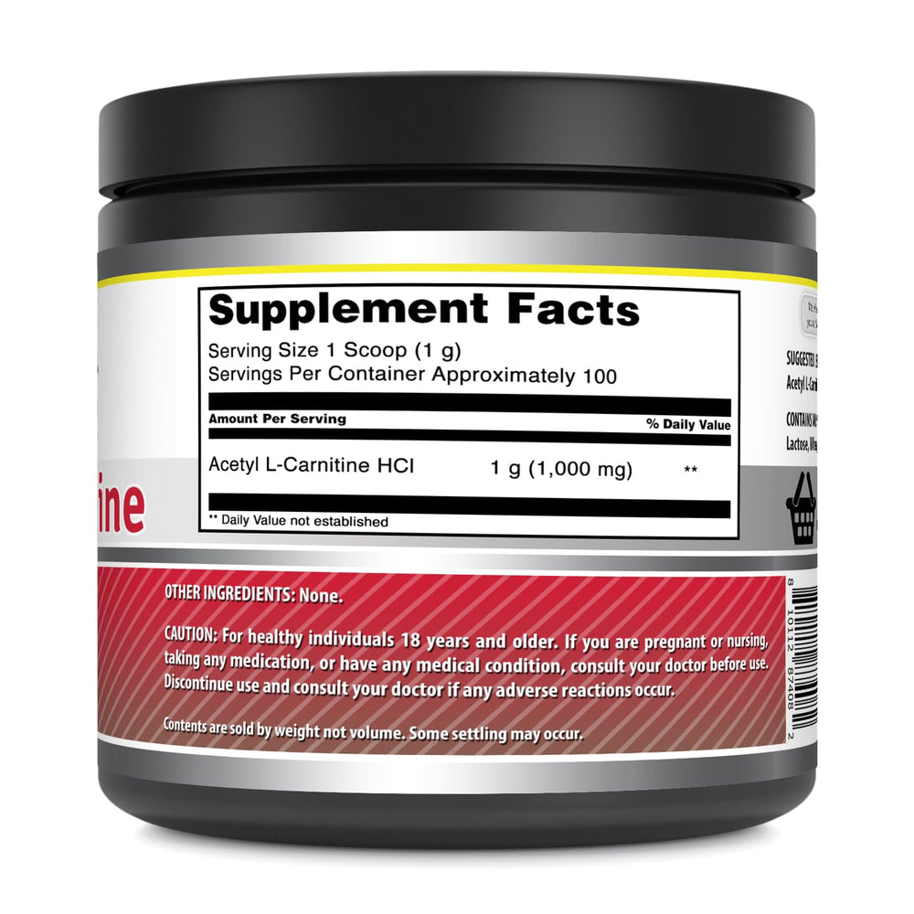Amazing Nutrition Acetyl L-Carnitine packaging highlights USA-made quality and GMP-tested purity.