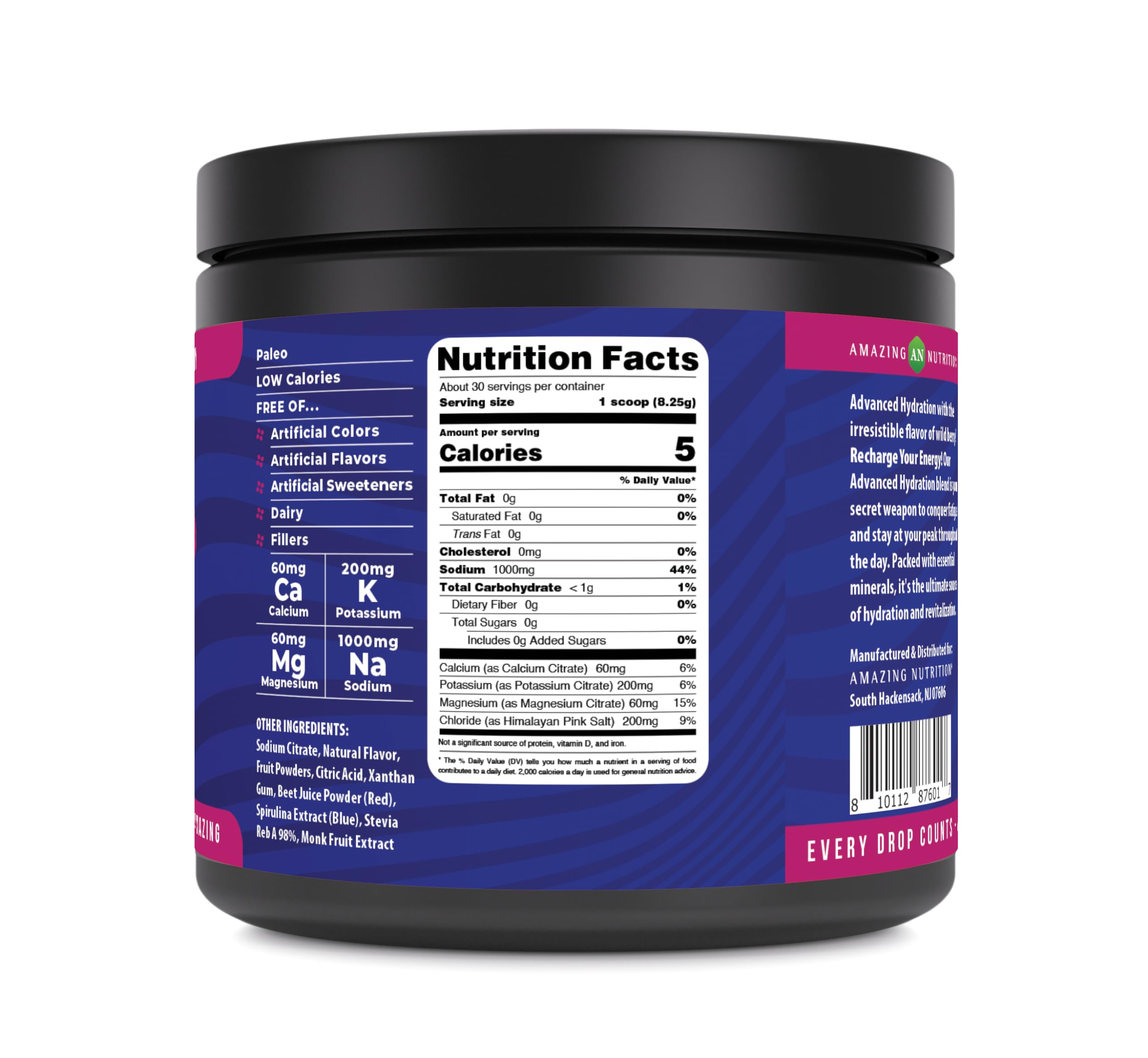 Amazing Nutrition electrolyte powder ready-to-mix glass offers refreshing sugar-free hydration.