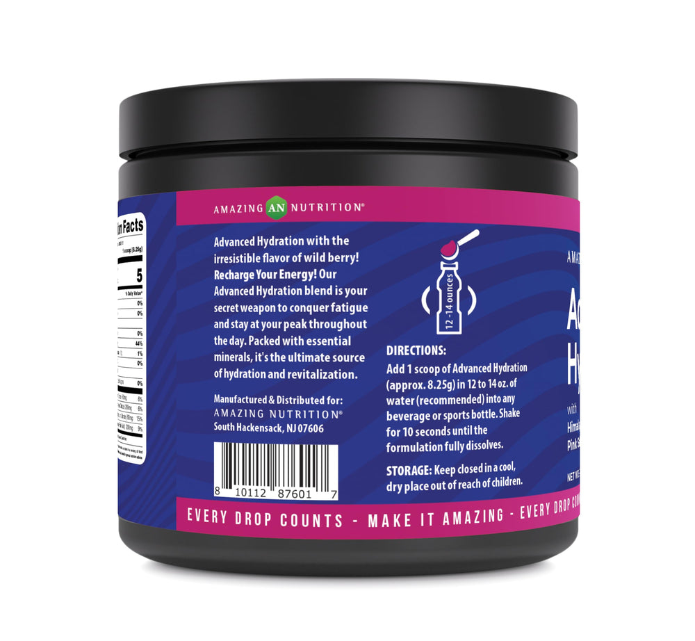 Amazing Nutrition hydration powder scoop close-up highlights keto-friendly non-GMO formula.