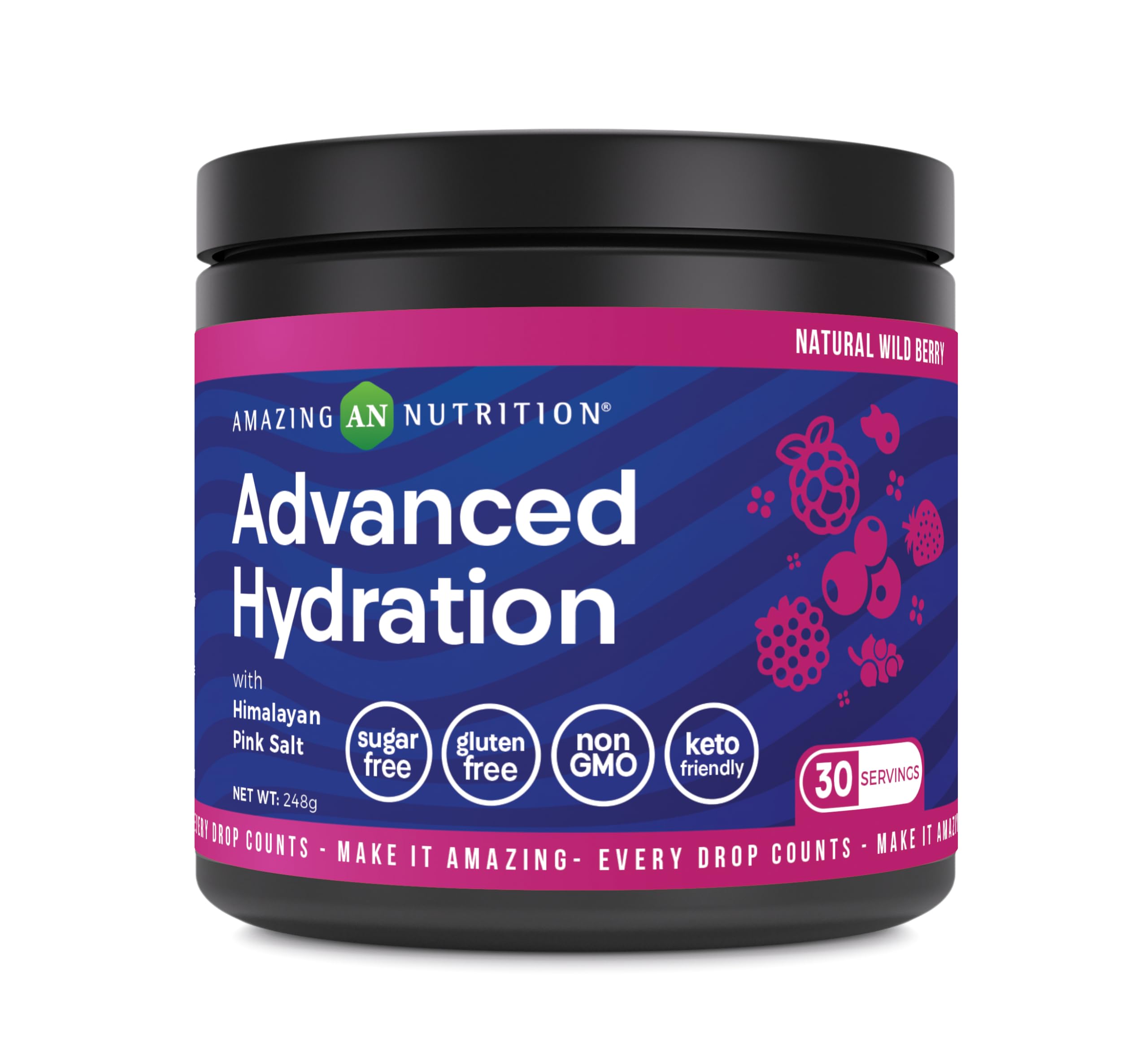 Amazing Nutrition Advanced Hydration powder tub promotes balanced hydration during workouts.
