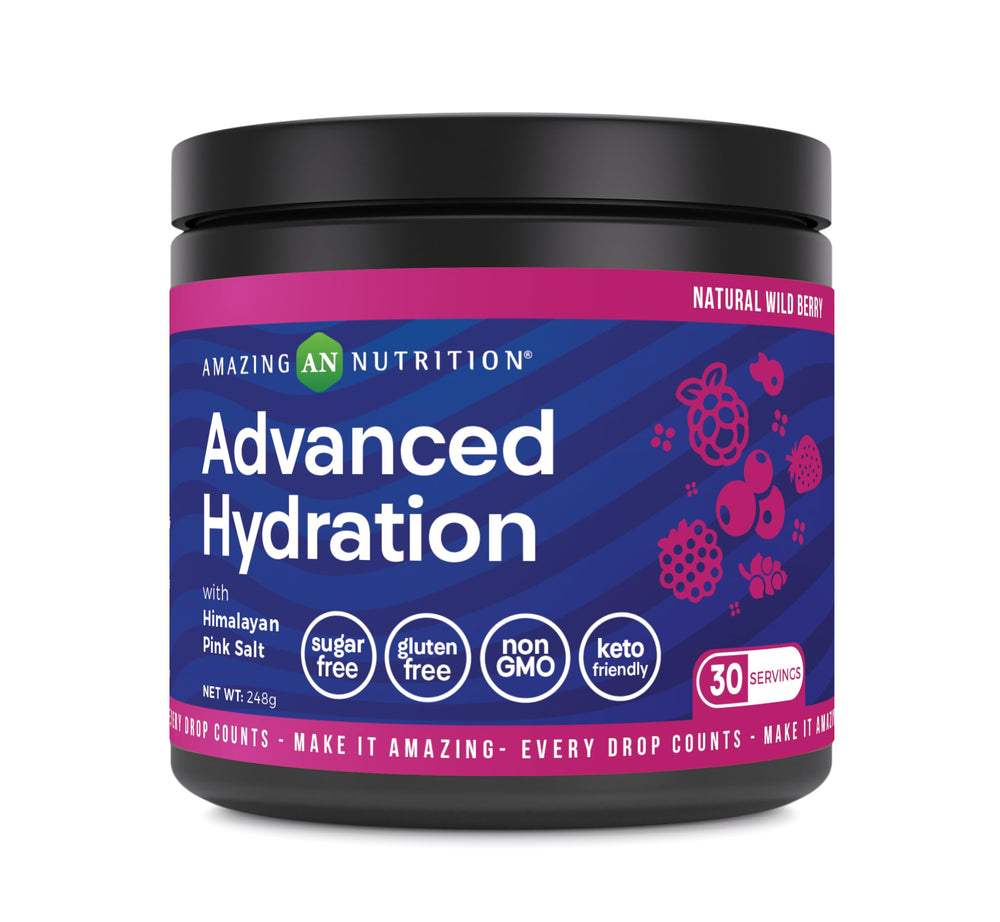 Amazing Nutrition Advanced Hydration powder tub promotes balanced hydration during workouts.