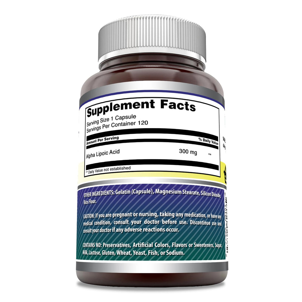 Amazing Nutrition Alpha Lipoic Acid 300 mg bottle label shows Non-GMO and Made in USA