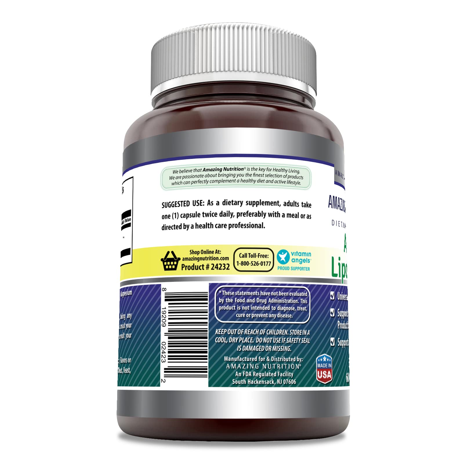 Packaging of Amazing Nutrition Alpha Lipoic Acid 300 mg highlights quality and USA-made purity.