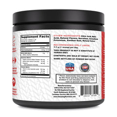 Close-up of label on Amazing BCAA 6000 highlighting non-GMO and GMP standards.