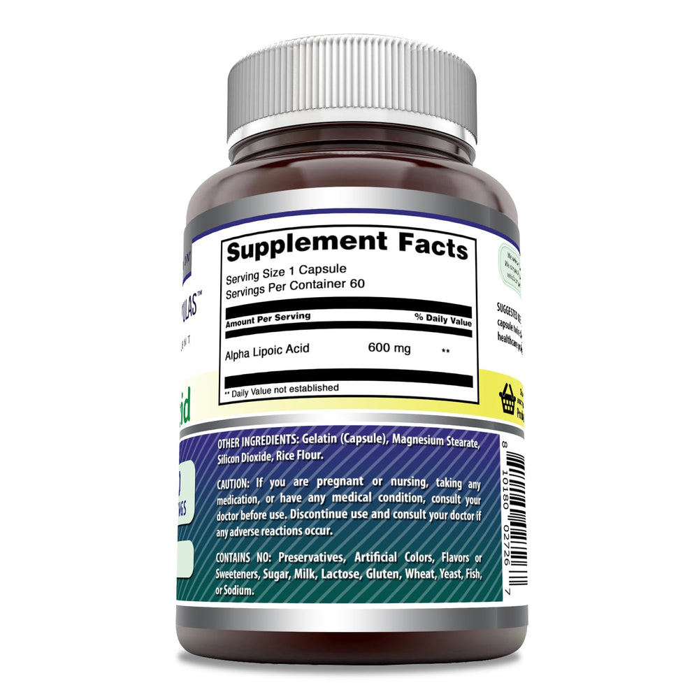 Amazing Nutrition Alpha Lipoic Acid 600 mg label close-up shows non-GMO and gluten-free promise