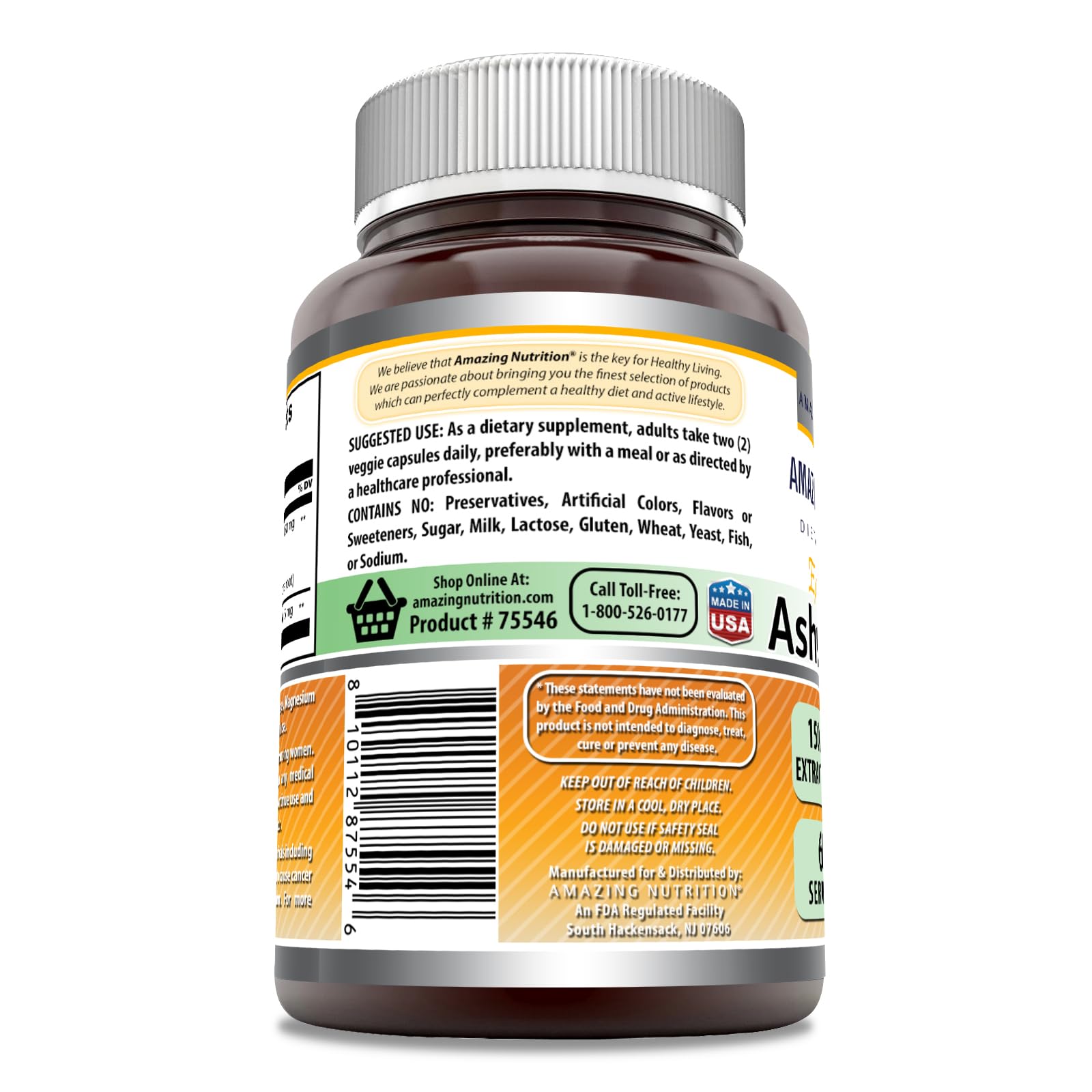 Close-up of Amazing Formulas Ashwagandha capsules label with dosage details.