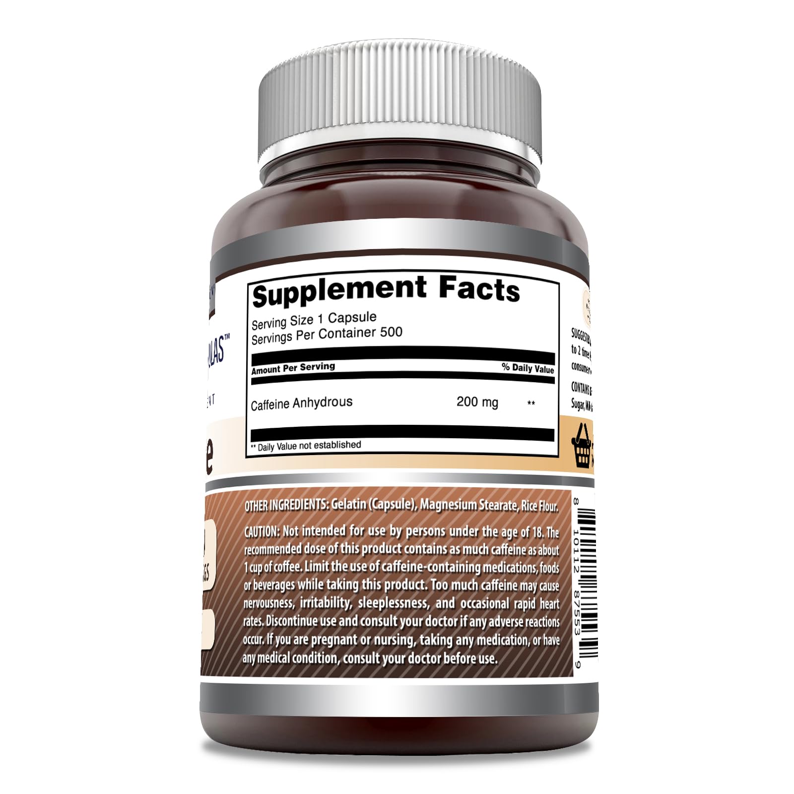 Closeup of Amazing Formulas caffeine capsules highlighting 200 mg per serving.