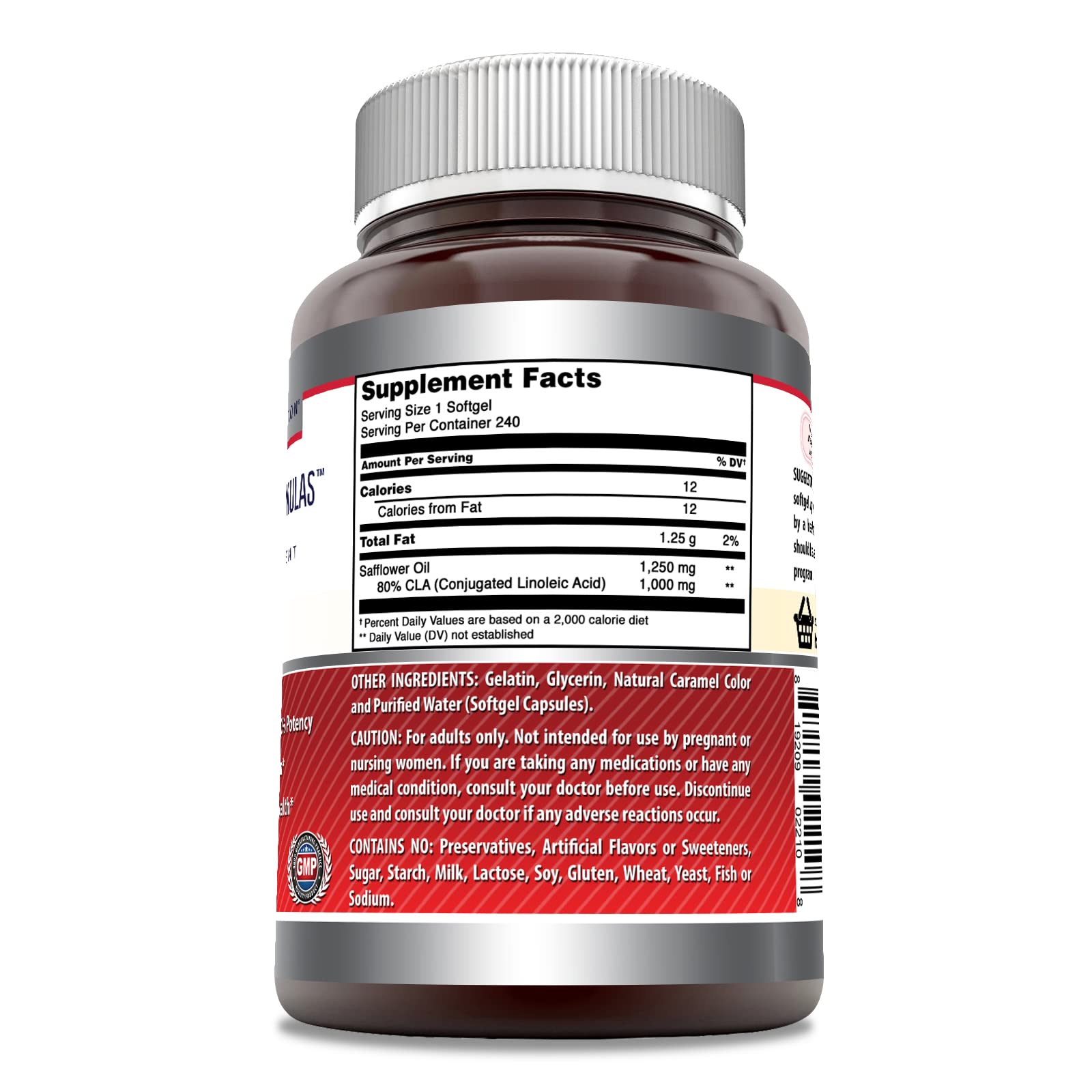 Amazing Nutrition Amazing Formulas CLA capsule closeup highlights non-GMO and gluten-free quality.