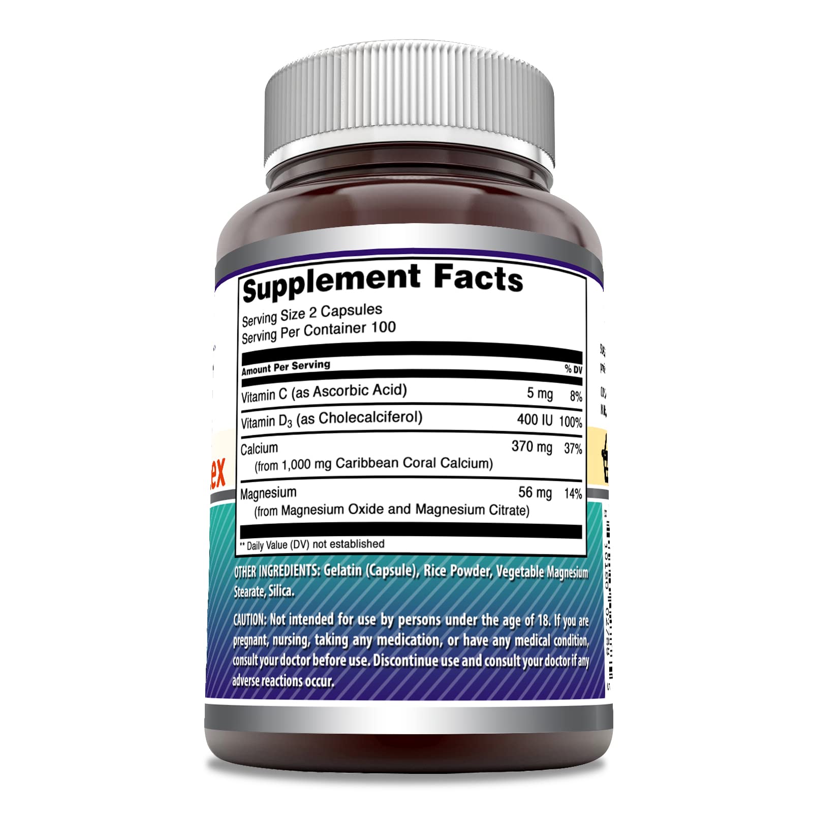 USA-made Coral Calcium Complex label and manufacturing details