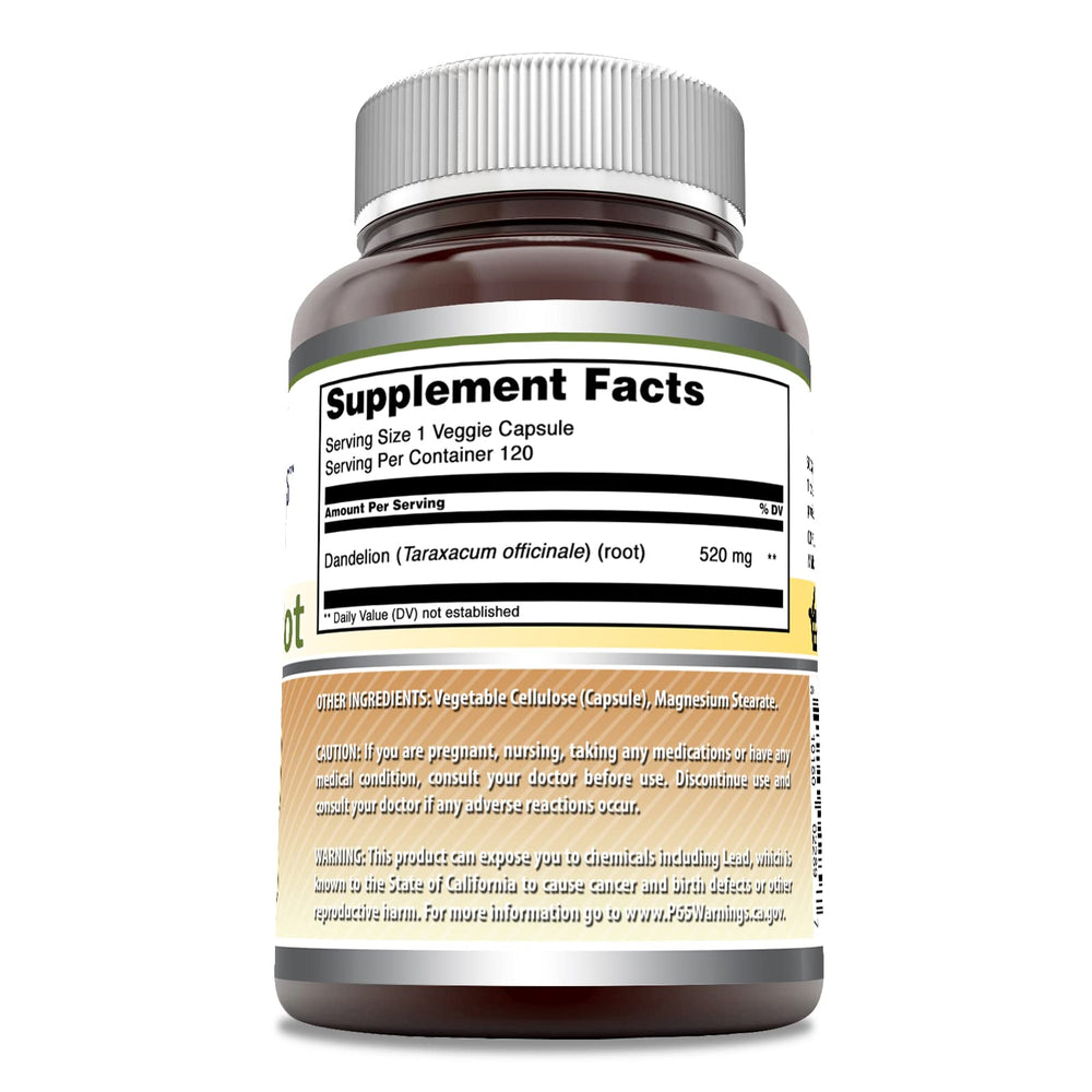 Amazing Nutrition Amazing Formulas Dandelion Root label indicates quality and USA manufacturing