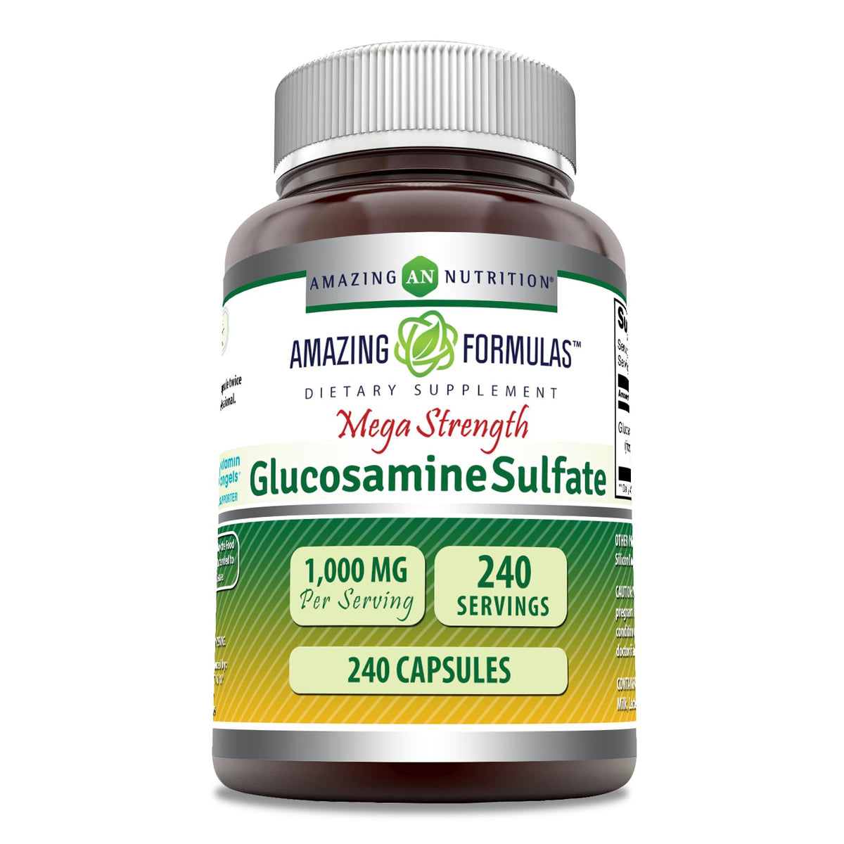 Amazing Nutrition Amazing Formulas glucosamine sulfate capsules bottle showing purity and potency.