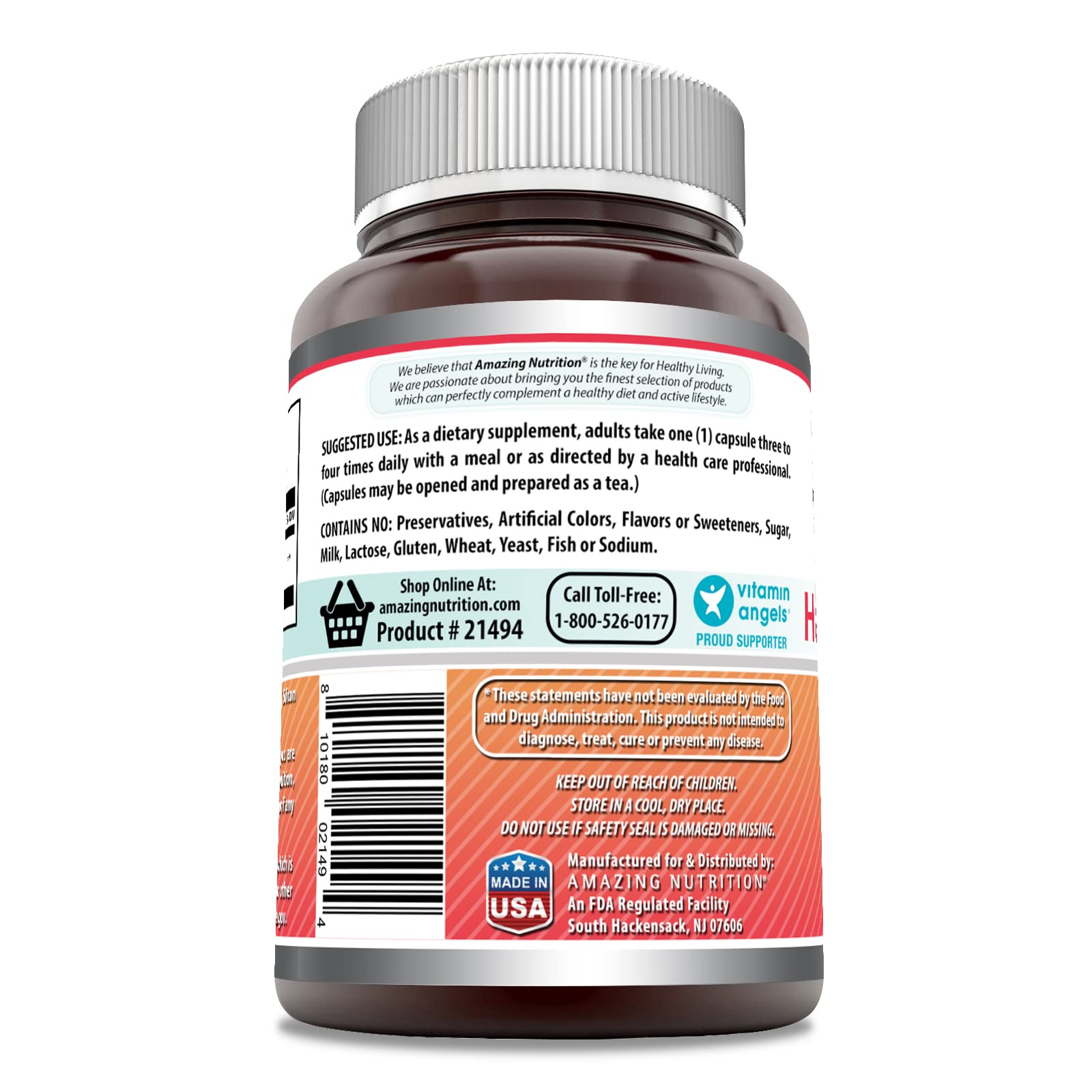Amazing Nutrition Amazing Formulas Hawthorn Berries bottle back shows ingredients and serving size.